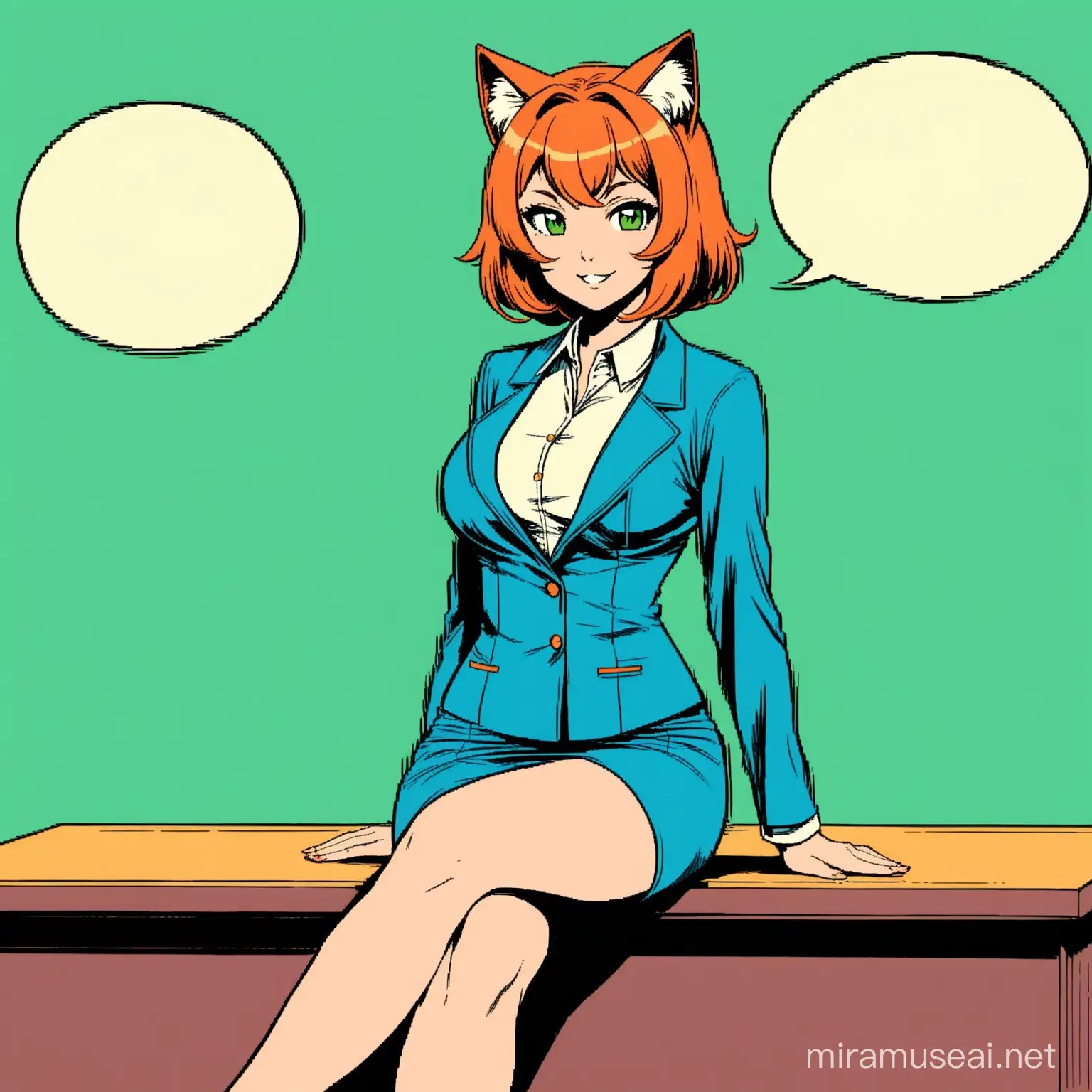 A minimalistic illustration featuring a gorgeous nekomimi with short orange hair and deep green eyes wearing a skin-tight blue formal mini skirt and a revealing blue tailor jacket that accentuates her figure is teaching a class, she is confidently sitting (((crossed legs))) on a desk smiling (((retro comic style)))