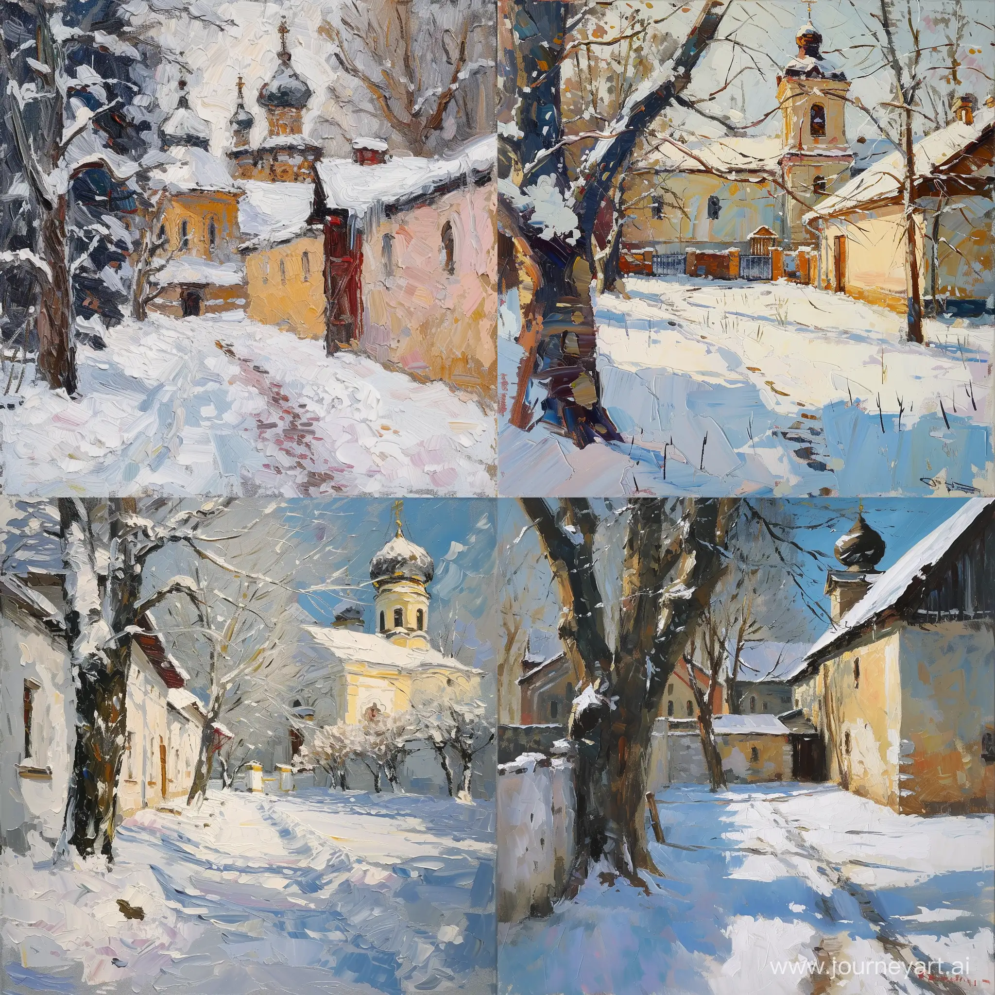 winter monastery in yard oil paint big stroke free stile