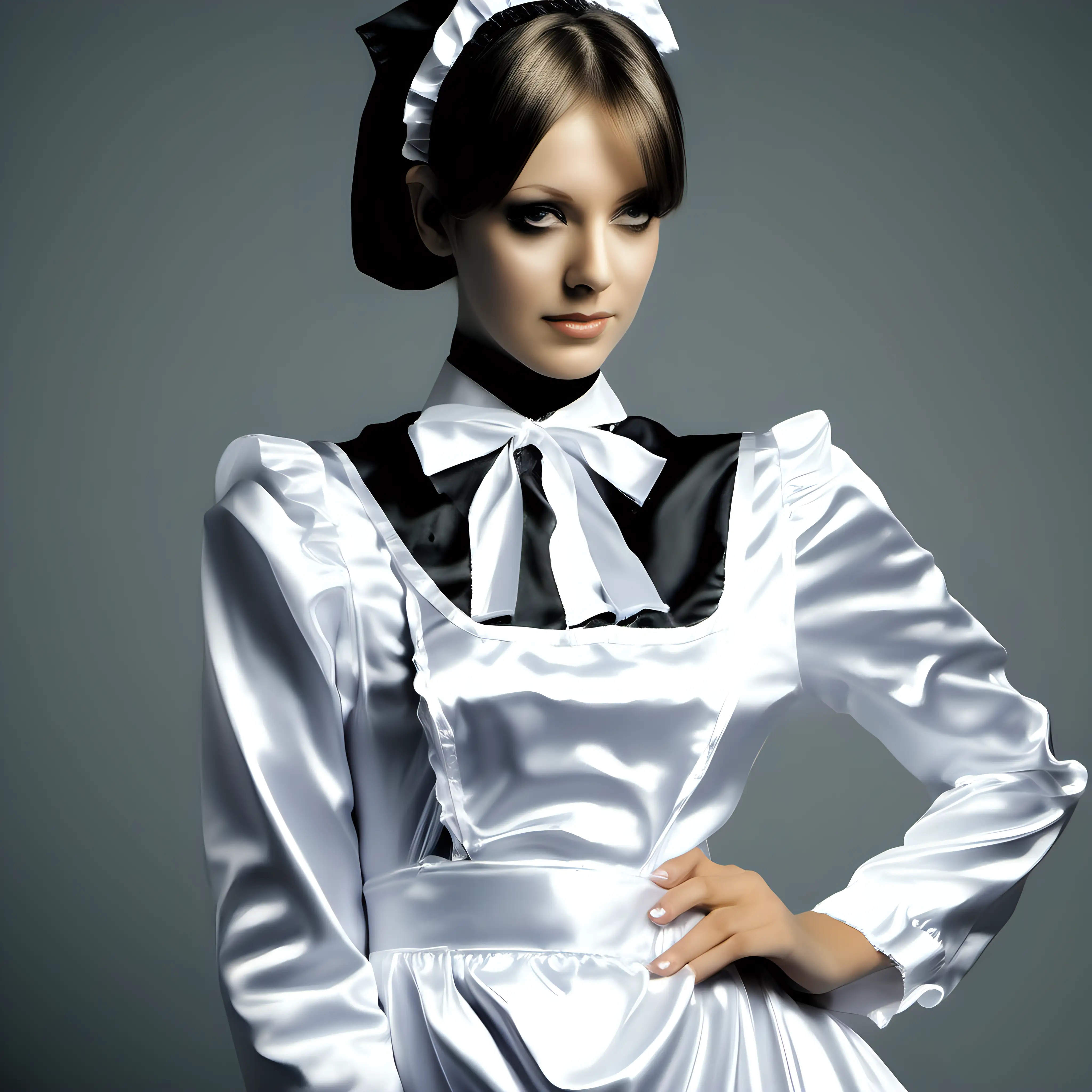 Girl in satin long maid uniforms