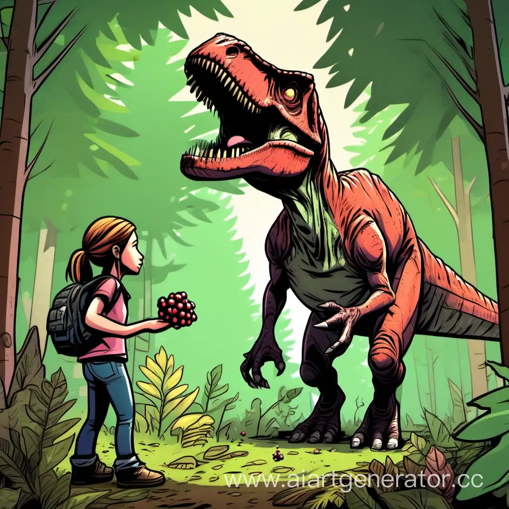 ellie from the last of us and a t-rex picking berries in the forest. cartoon style