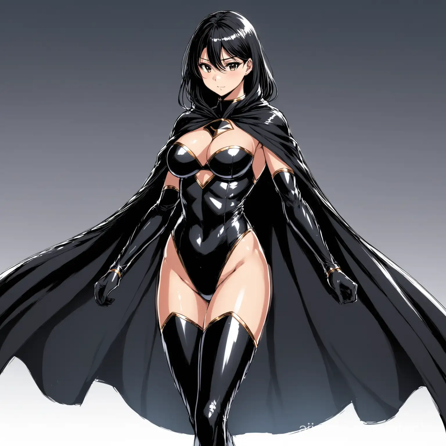 hot anime girl in a sexy black superhero costume wearing a long cape