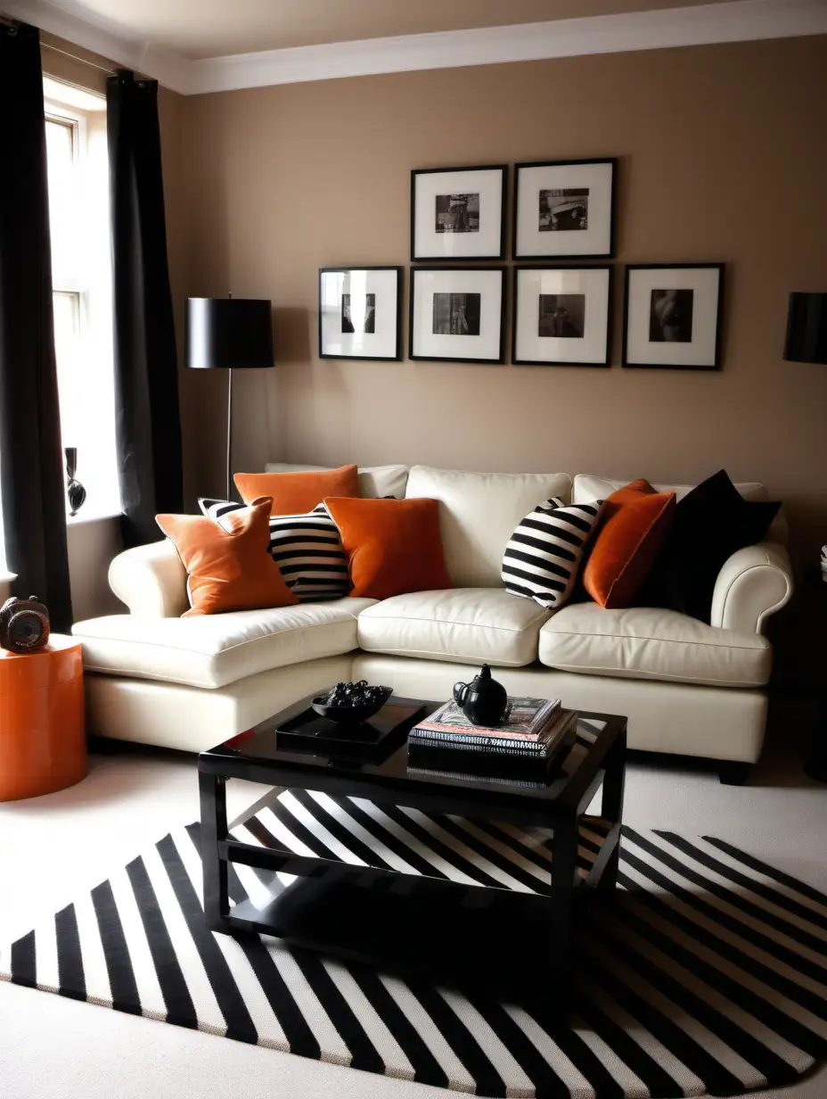 interior design
Corner cream leather sofa
black and white textured cushions
black and white stripe rug
small black high gloss coffee table
eclectic occasional chair
one wall in muted burnt orange