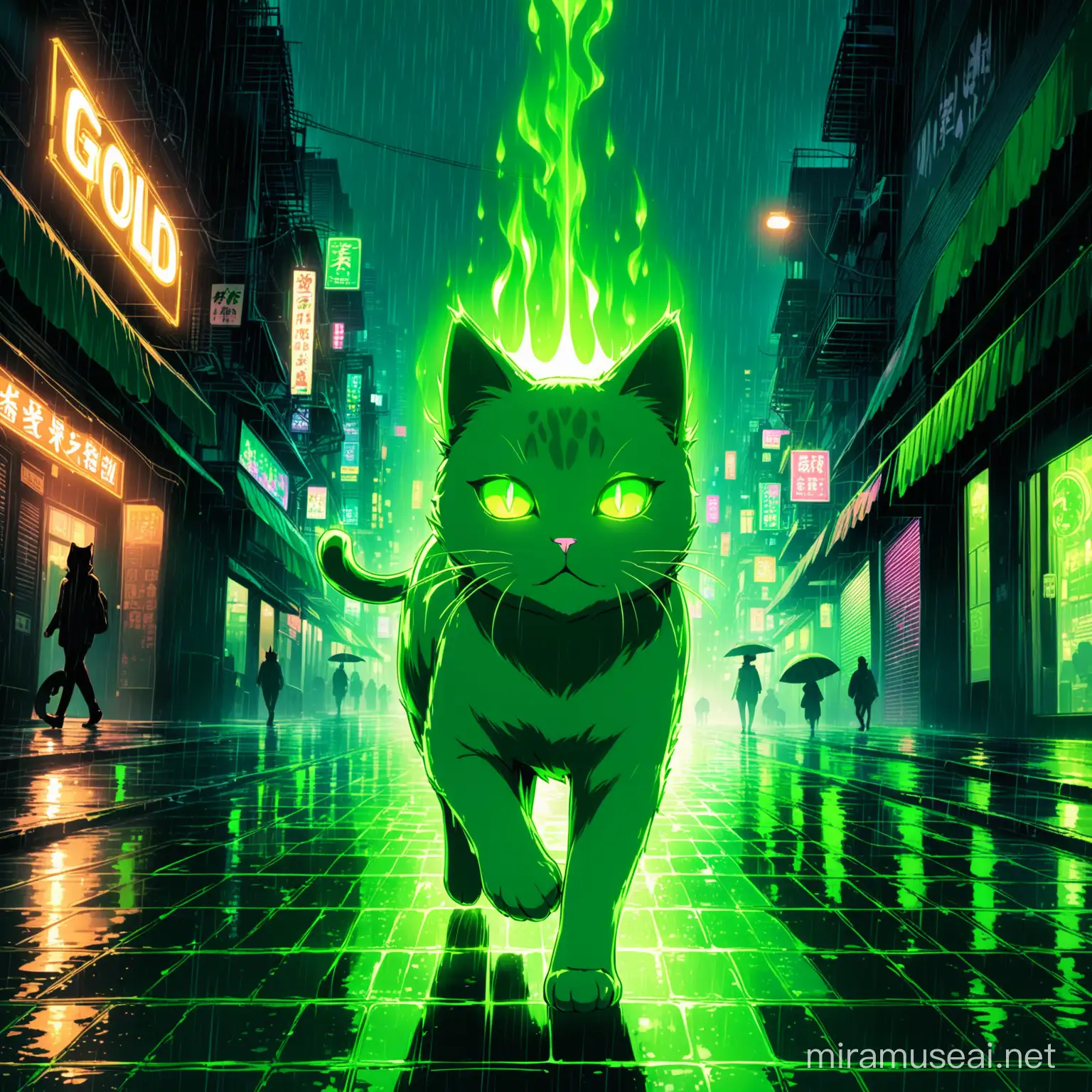 Majestic Gold Cat with Enchanting GreenFire Aura Strolls Through Neon Noir City Streets