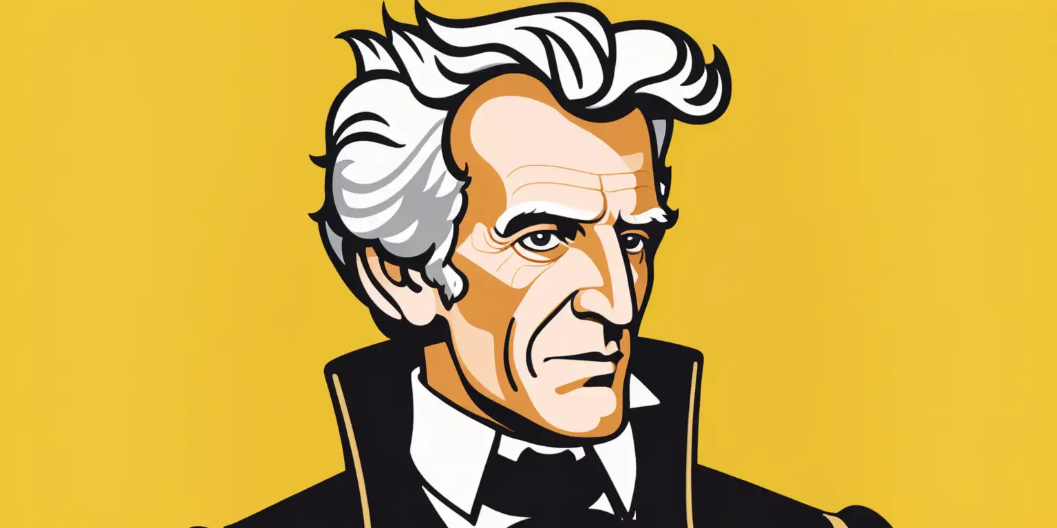 cartoon of Andrew Jackson with a solid yellow background