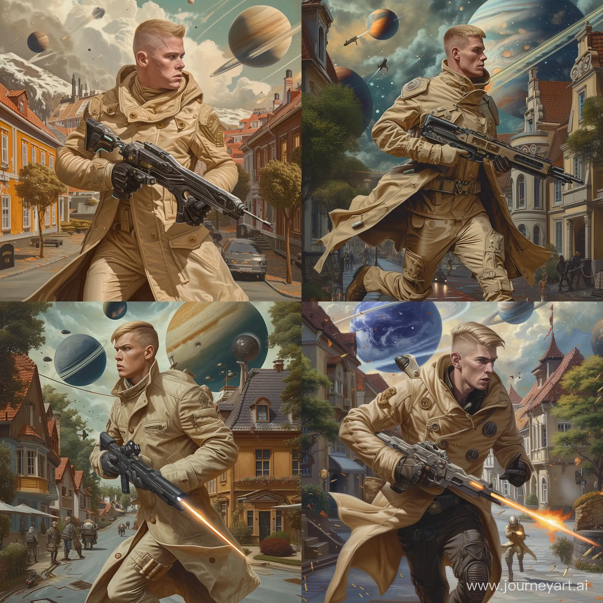 A brutal man with straight short blond hair , dressed in a beige futuristic coat !!!!!! With a laser rifle in his hands!!!!! Running along a futuristic city street with planets in the background, houses and streets of the city are visible!!!!!! Dan Mumford painting, science fiction art, science fiction painting, scifi art, science fiction art, ((masterpiece)), ((best quality)) , high detail,, highest detail, ah, high detail, color, beautiful, HDR, photorealistic, inspired by Daniel Conway, Franz Steiner, By Matt Allsopp, Matt Allsopp
