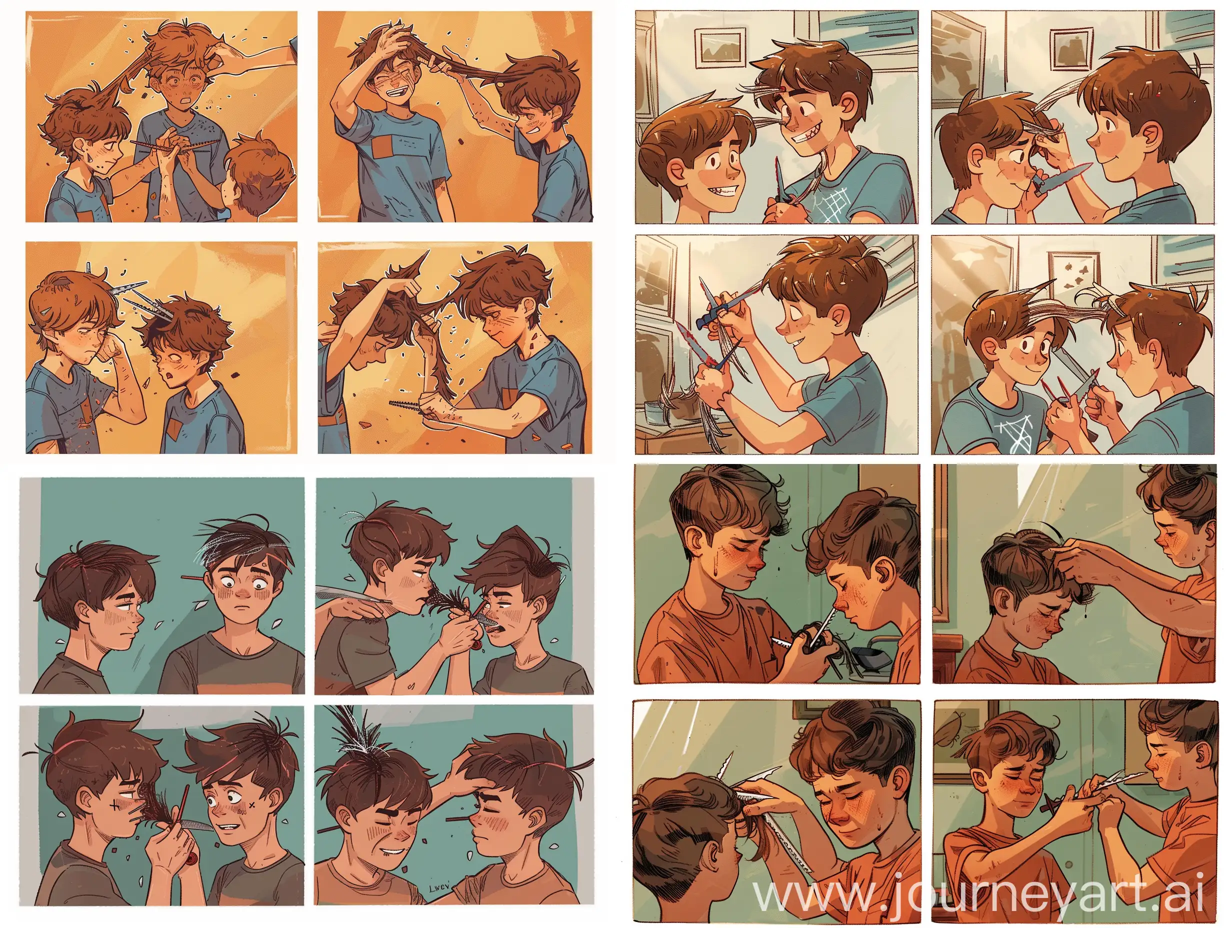 A four-part comic picture of boys cutting each other's hair and eventually cutting all their hair completely.