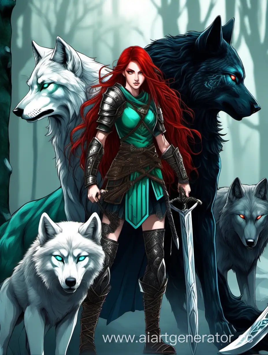 RedHaired-Warrior-Woman-with-Blades-Standing-Beside-BlackHaired-Warrior-Man-and-Two-Wolves