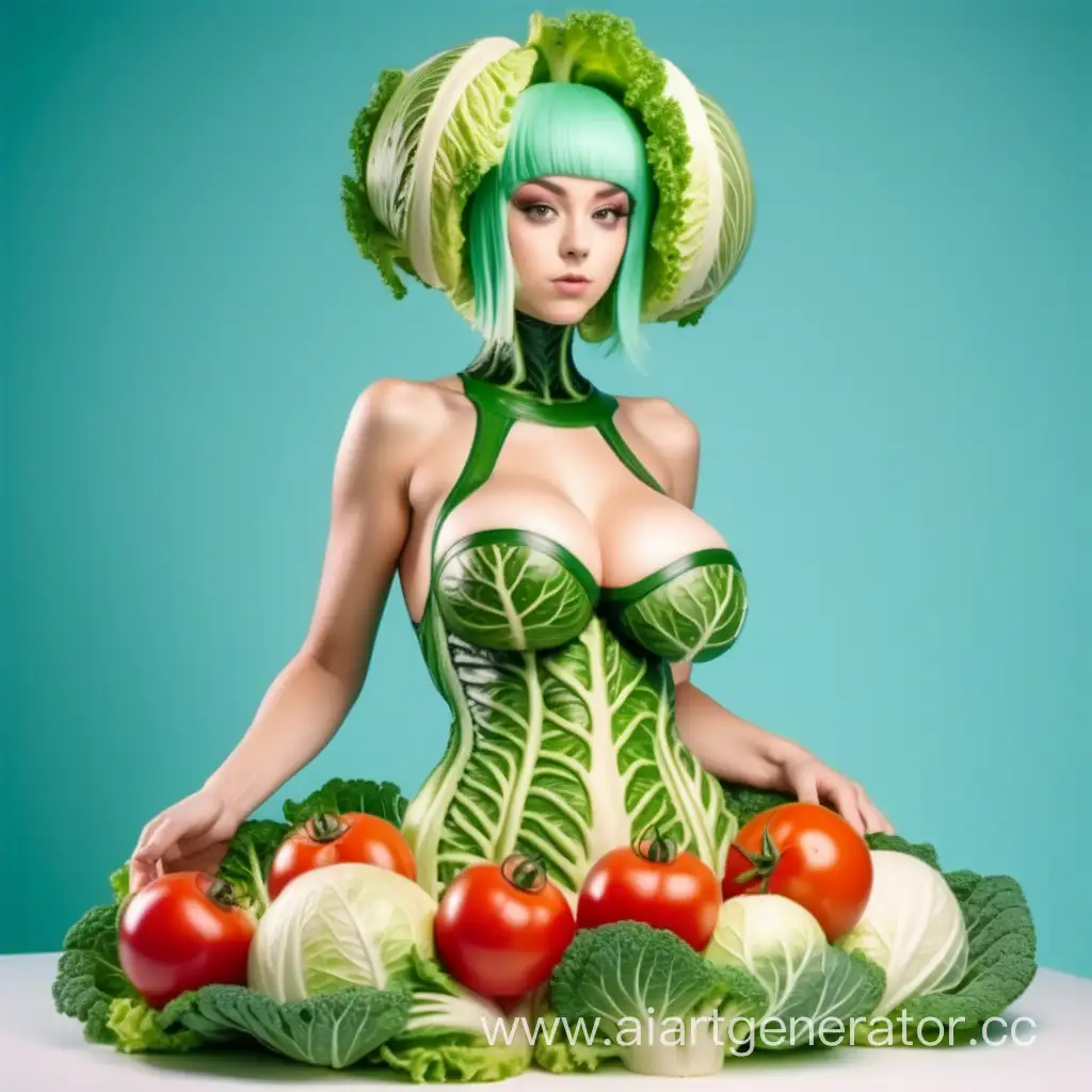 Хуманизация салата в латексную девушку с телом из капусты с грудью из помидоров с прическов из овощей девушка облита маслом