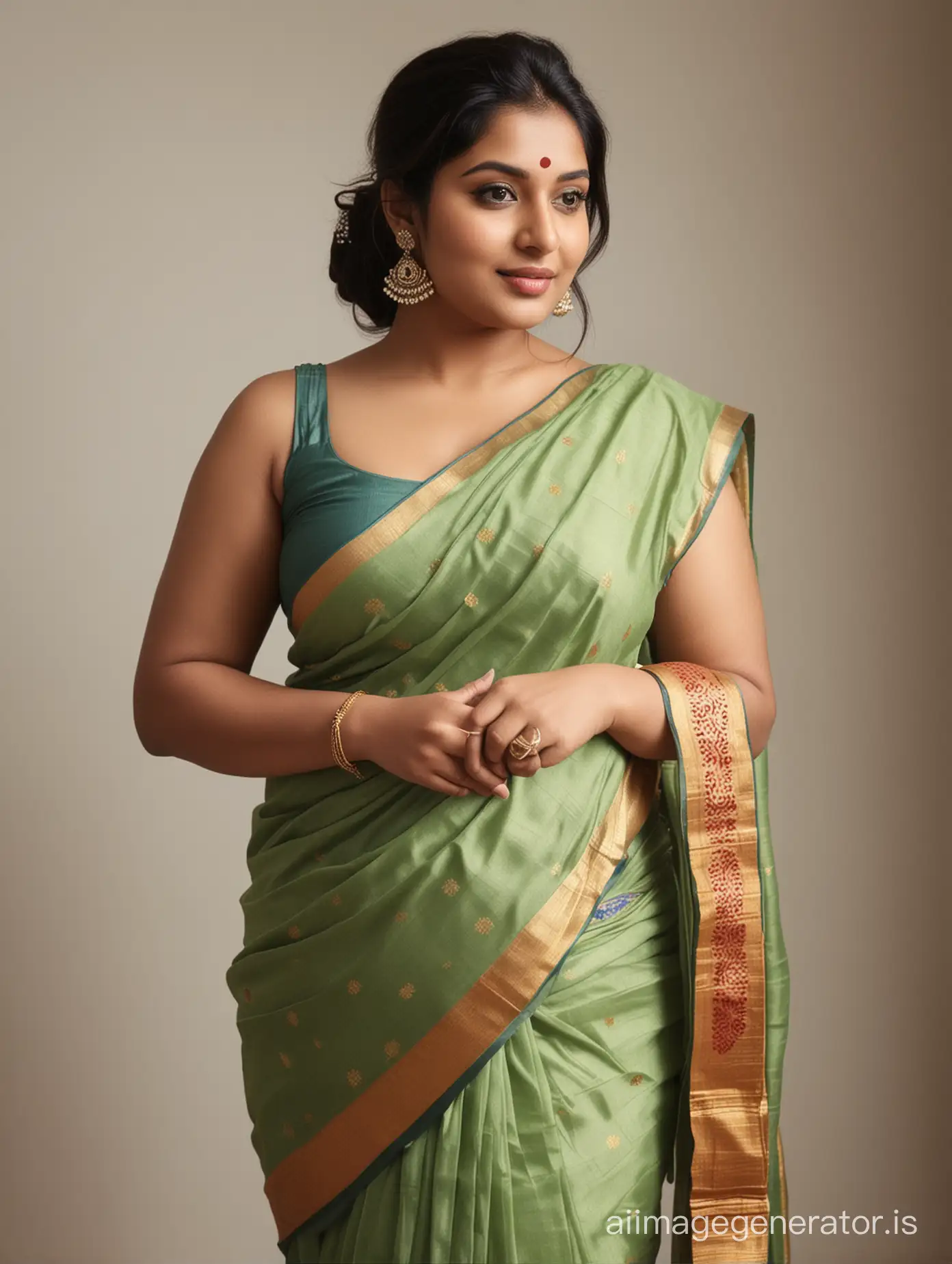 Stylish-Plus-Size-Indian-Woman-in-Sleeveless-Saree-Using-Smartphone-at-Home