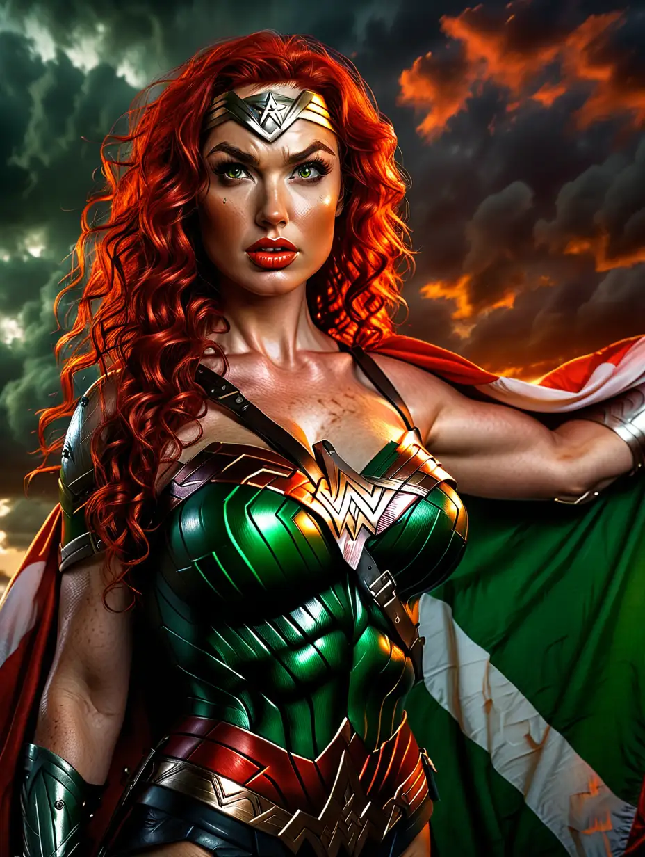 Realistic Photo of Irish Wonder Woman with Ireland Flag Background at Sunset
