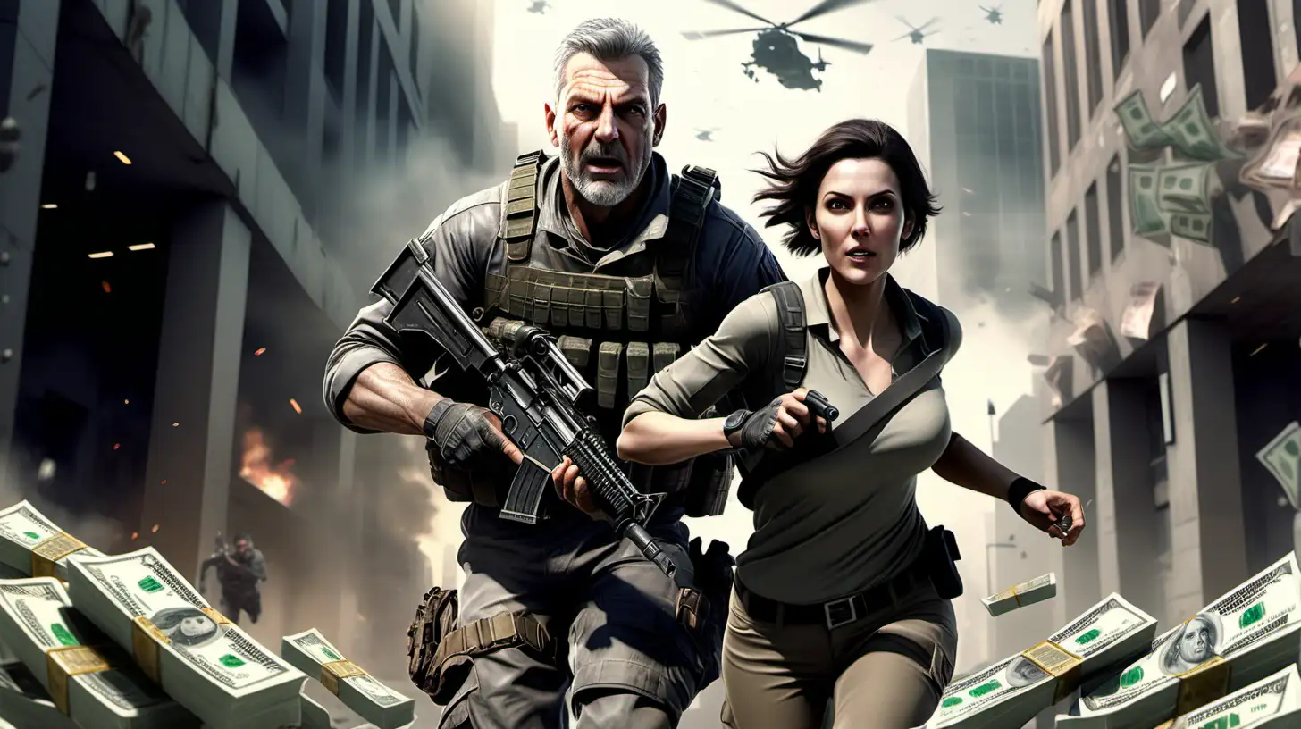 white middle aged man soldier with very short grey hair and a very short grey beard and a brunette woman, running through a city with stacks of cash in their hands, set in the game call of duty