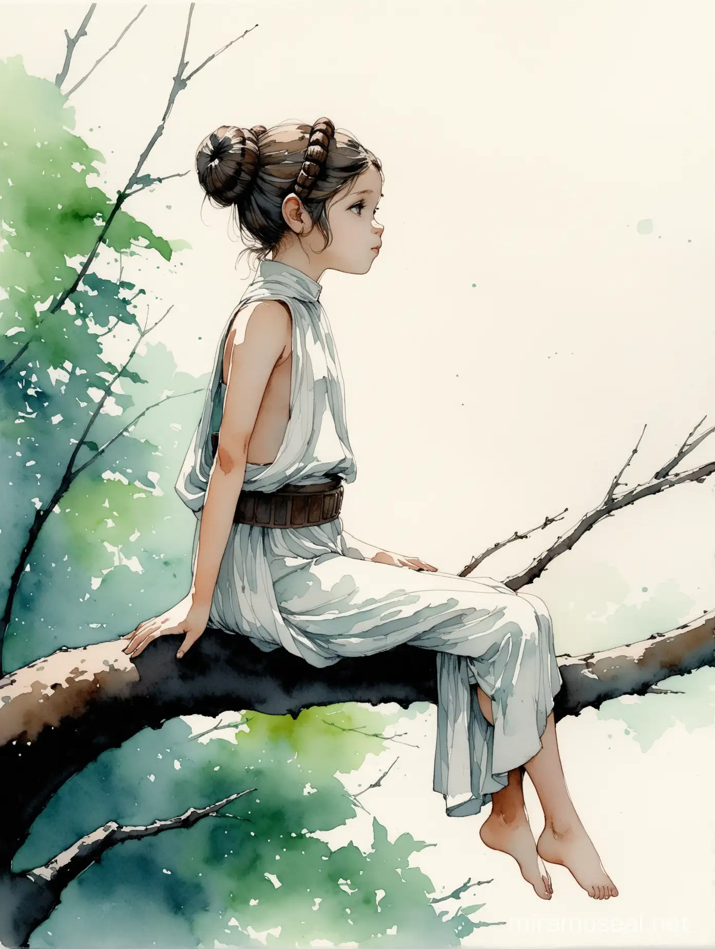 Alex Maleev messy watercolor illustration depicting child Princess Leia sitting on a tree branch, messy watercolor, no distortion, gray palette, insanely high detail, very high quality, seen from the side