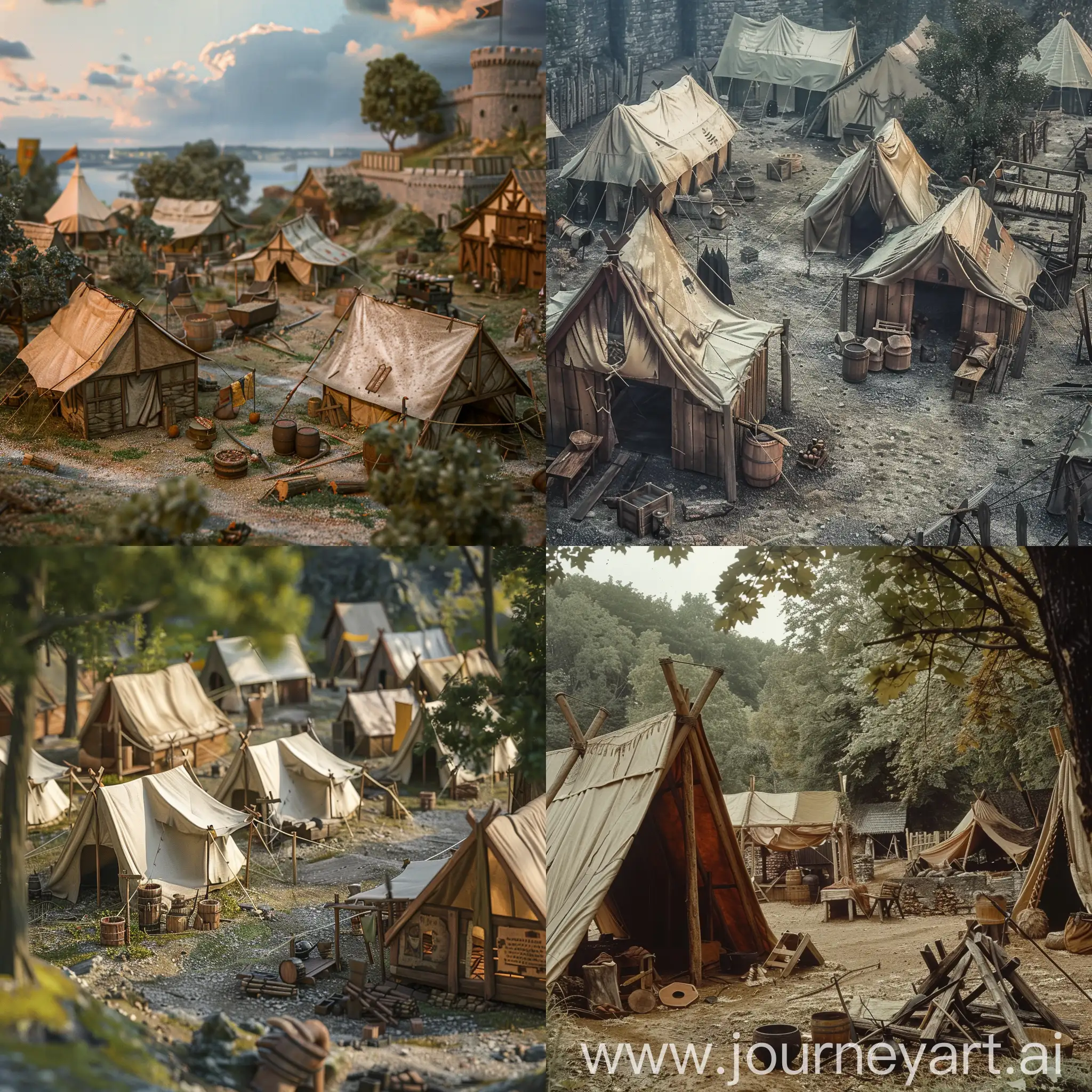 Medieval camp, tents and wood constructions, 14th century, very realistic