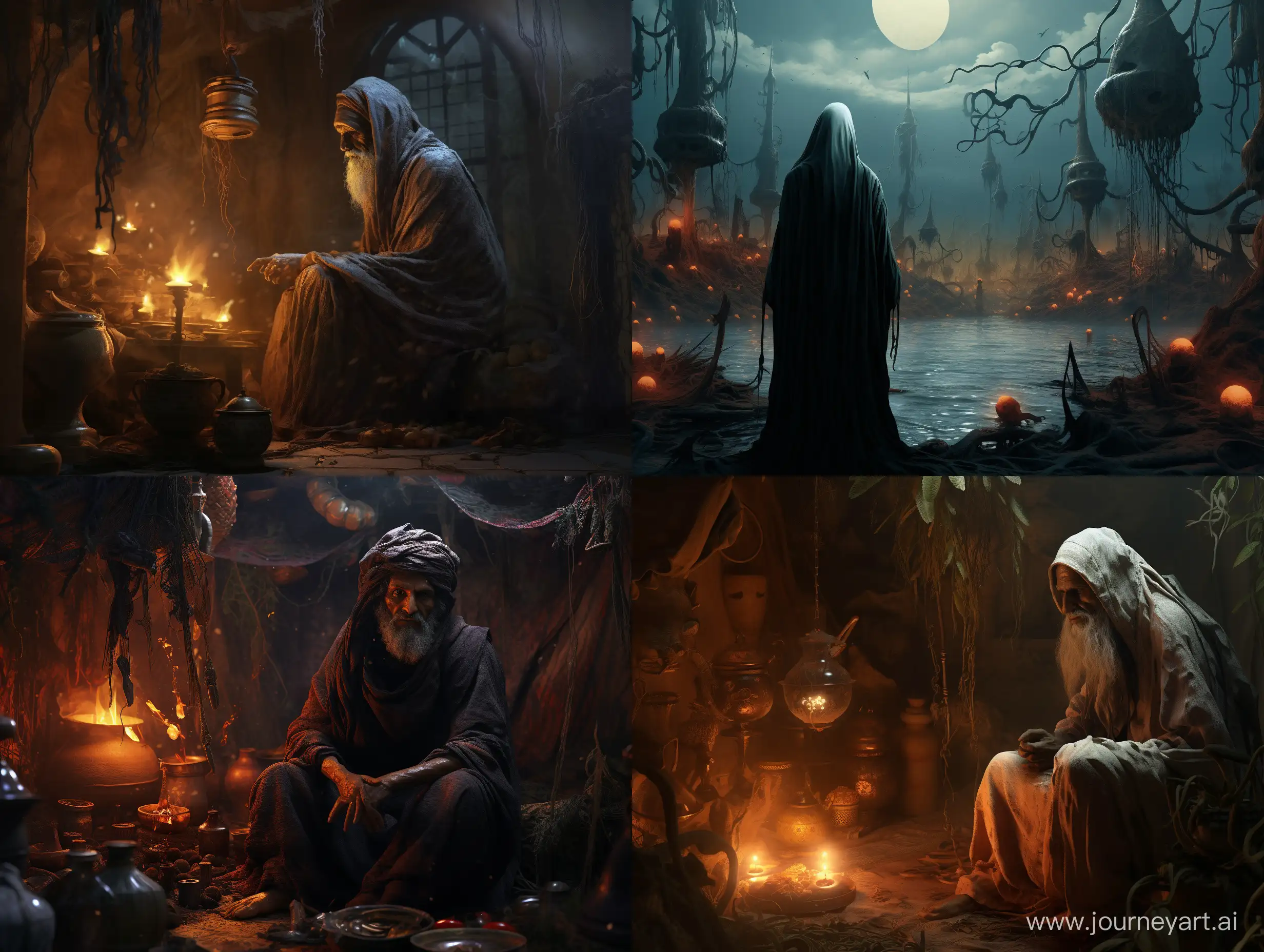 Illustration like a fairytale of the ugly witch man, Arabian atmosphere 