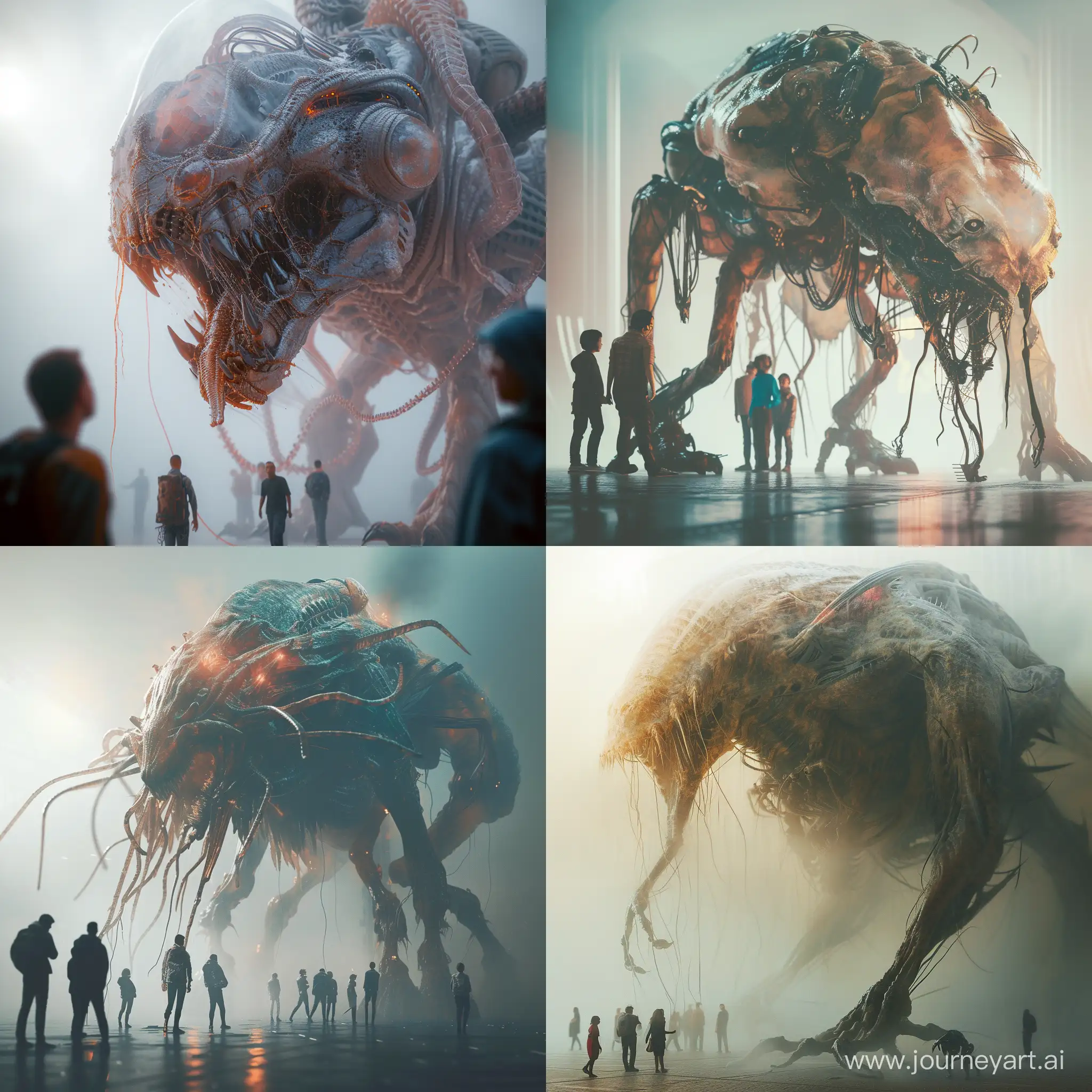 creat hyperrealistic image inspired by the works of Dariusz Zawadzki, featuring a hyper-detailed creature with some people added. The image is a creat hyper-detailed photograph with soft lighting. The background environment is inspired by the concepts of Michael Whelan. The scene is set in a sci-fi
