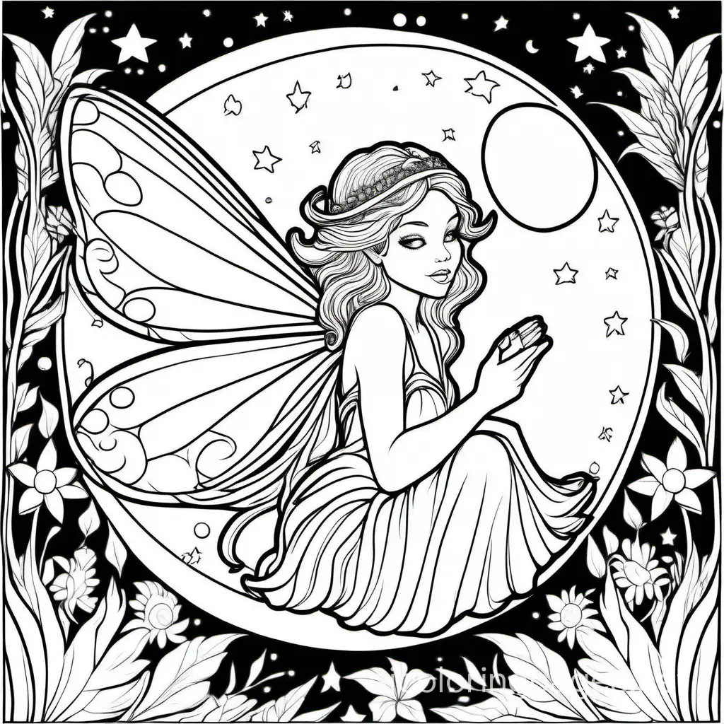 beautiful moon fairy, Coloring Page, black and white, line art, white background, Simplicity, Ample White Space. The background of the coloring page is plain white to make it easy for young children to color within the lines. The outlines of all the subjects are easy to distinguish, making it simple for kids to color without too much difficulty