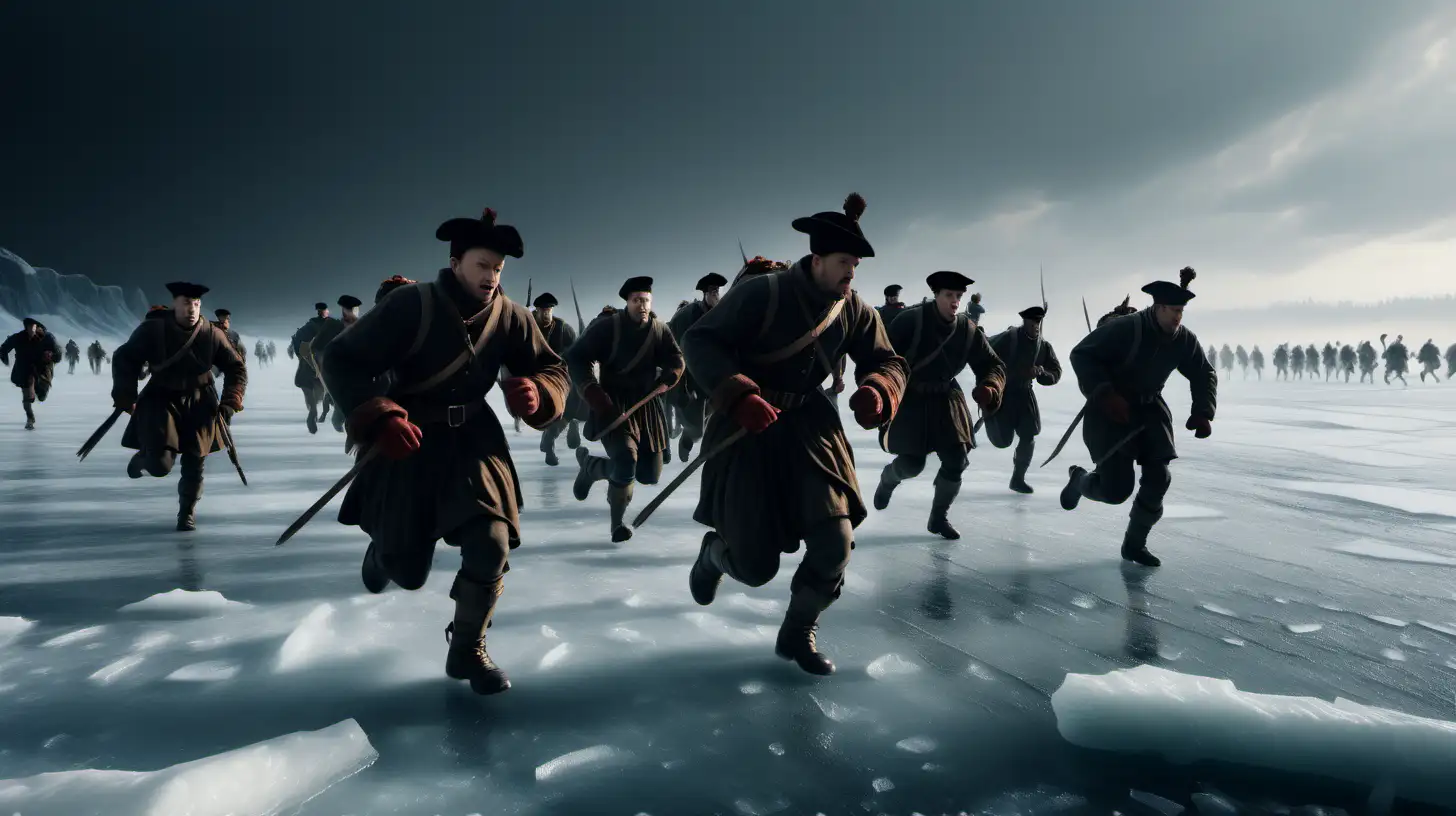 Soldados huyendo corriendo por el hielo, siglos XVI, imagen ultra realista, iluminación cinemática,alta definición,8k