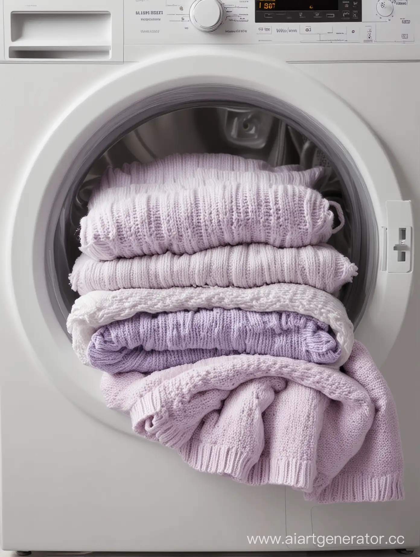soft lavender and white knitted items lie folded on a washing machine