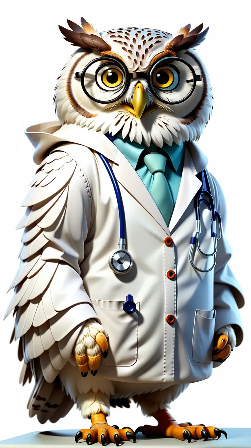 A large owl wearing a doctor's white coat, stethoscope and round spectacles no background
