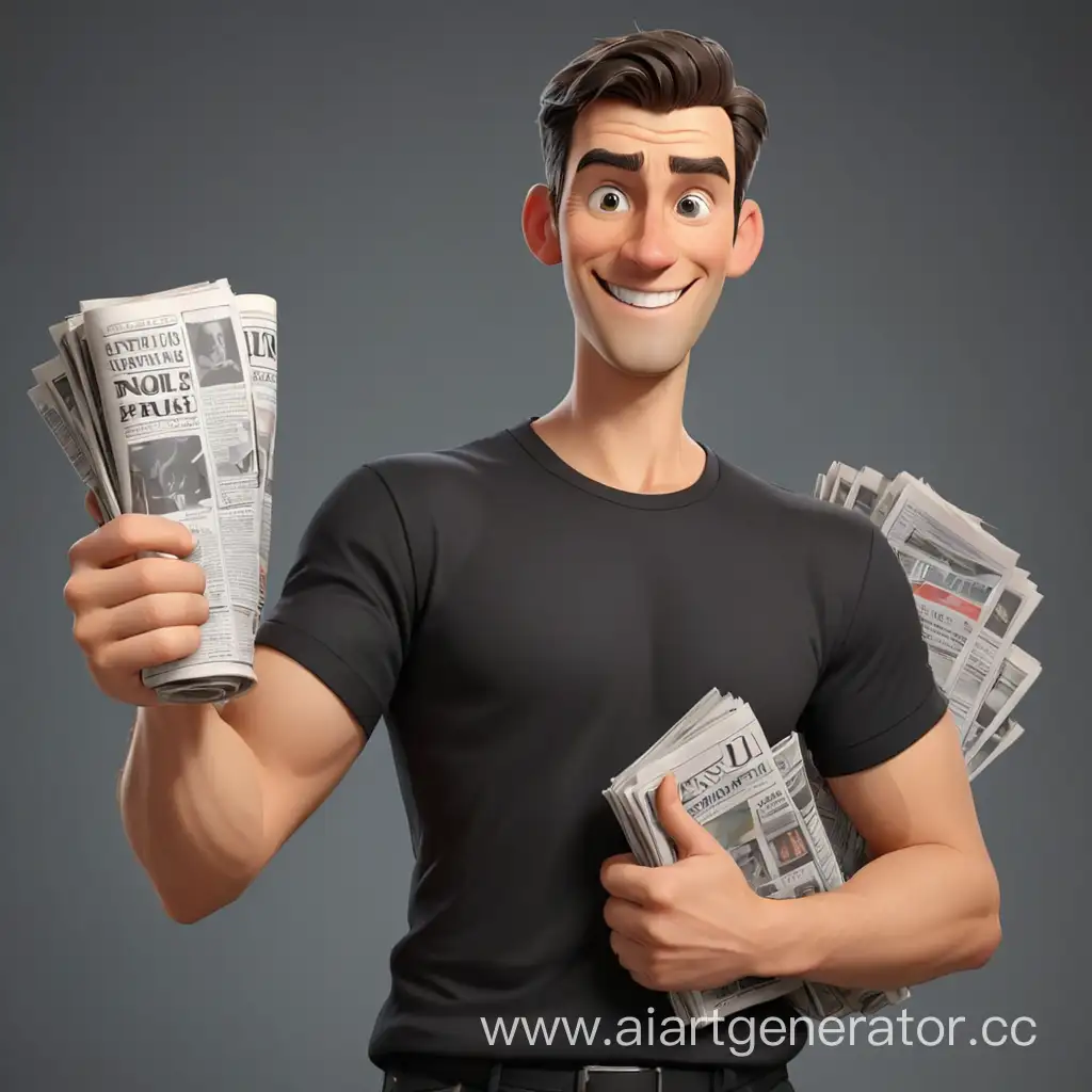 мультяшный мужчина в черной футболке показывает палец вверх и держит в руке несколько рулонов газет 3д