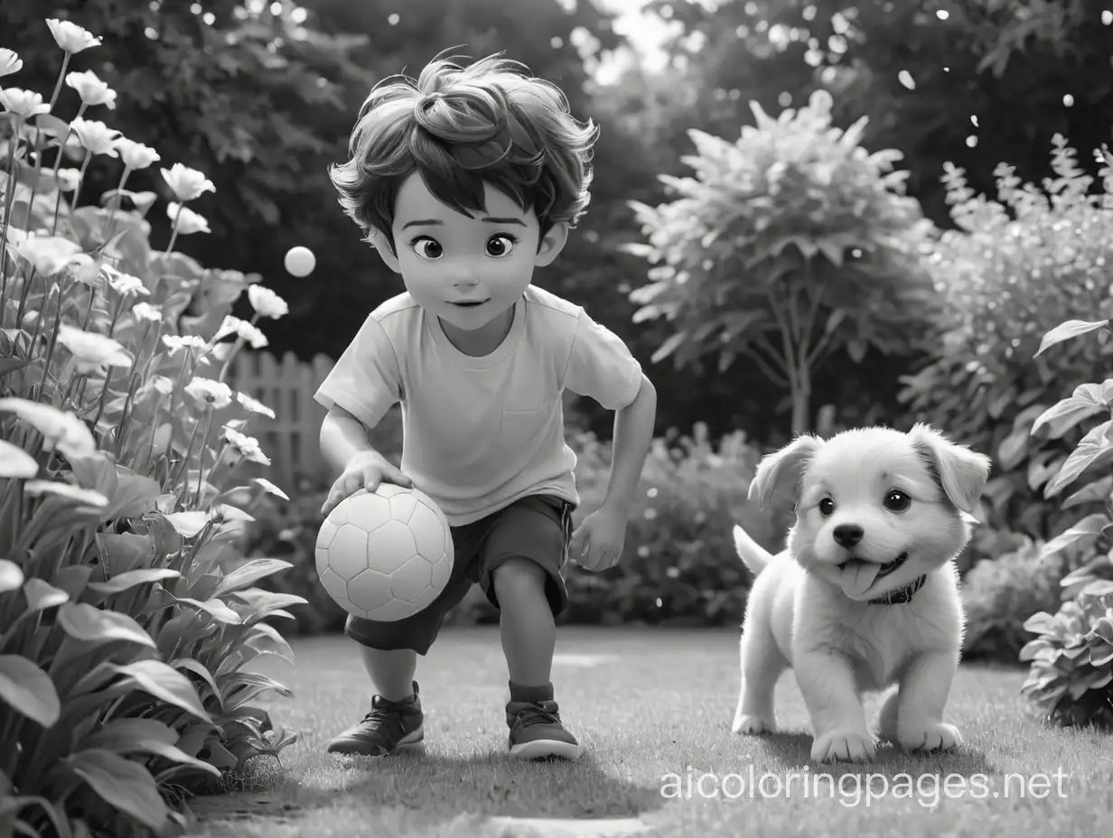 A 5-year-old boy playing ball with his puppy in the garden., Coloring Page, black and white, line art, white background, Simplicity, Ample White Space. The background of the coloring page is plain white to make it easy for young children to color within the lines. The outlines of all the subjects are easy to distinguish, making it simple for kids to color without too much difficulty