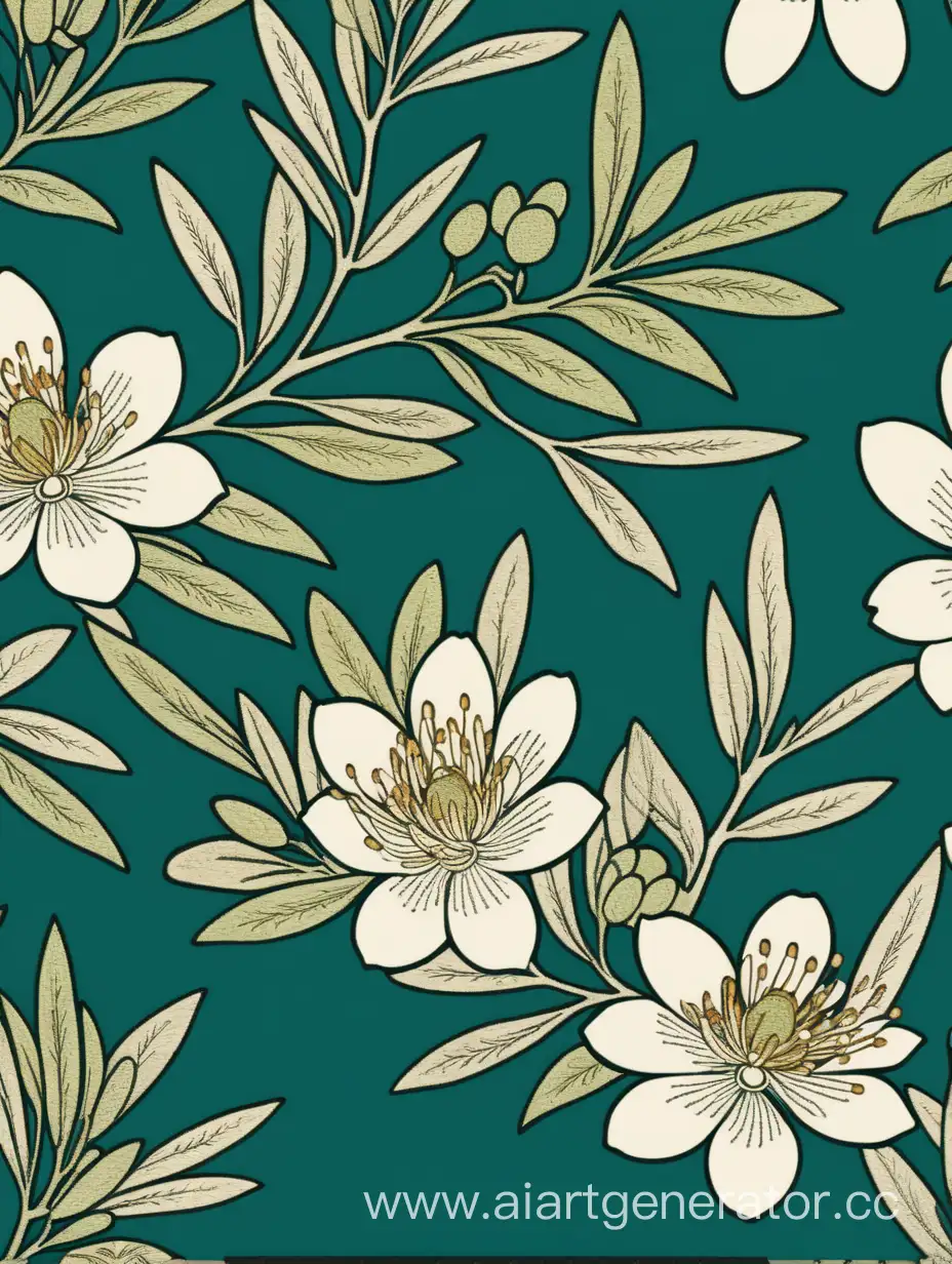 big Ukiyo-e style olive color natural botanical seamless pattern Dark Turquoise background 