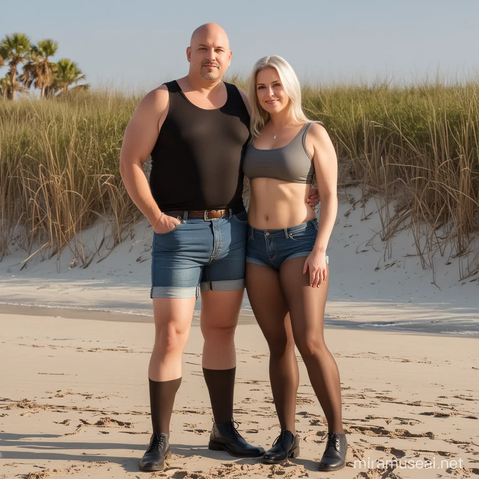 Pantyhose couple, chubby husband and thin, fit. wife, wearing shiny dark brown pantyhose nylons tights, denim jean shorts, husband chubby, 35 years old bald, small goatee. black button down shirt. Wife, long silver hair, 55 years old, large boobs, grey tank top, wearing shiny dark brown pantyhose, standing on sandy florida beach