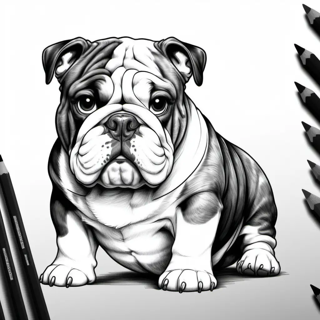 Adorable English Bulldog Black and White Dog Drawing for Coloring