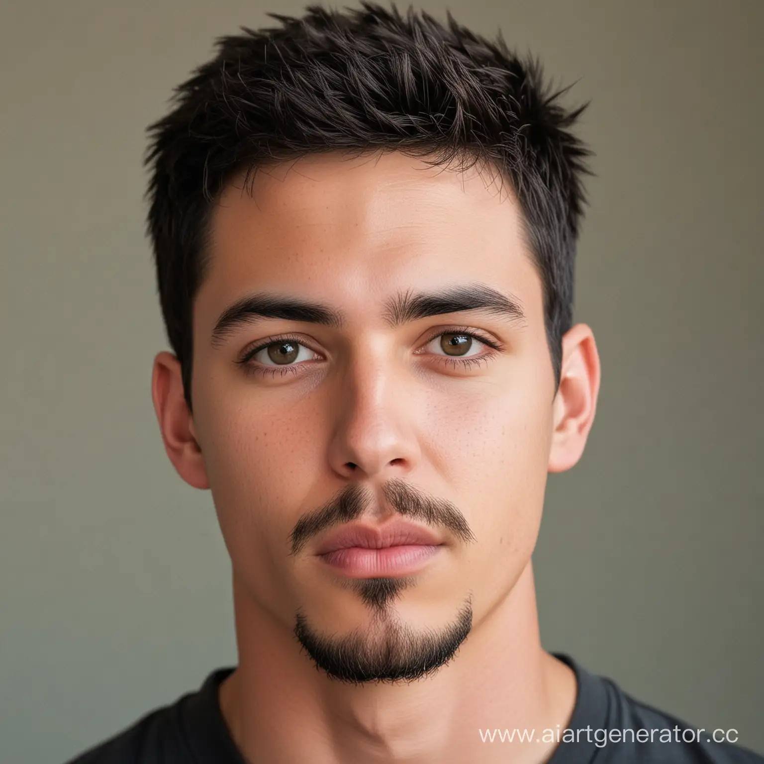 Portrait of a young man with sharp features, short black hair, and a goatee.