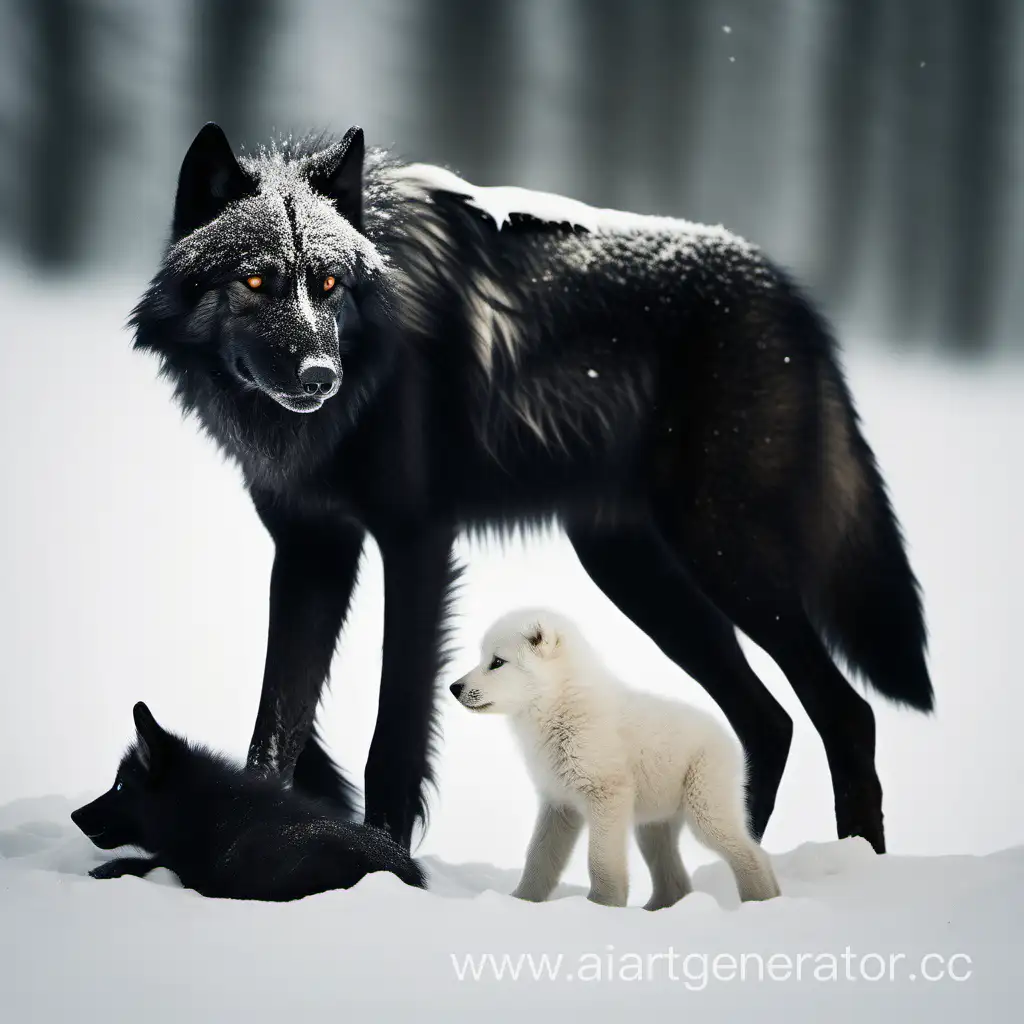 Огромный чёрный волк с своим Волчёнком белого цвета