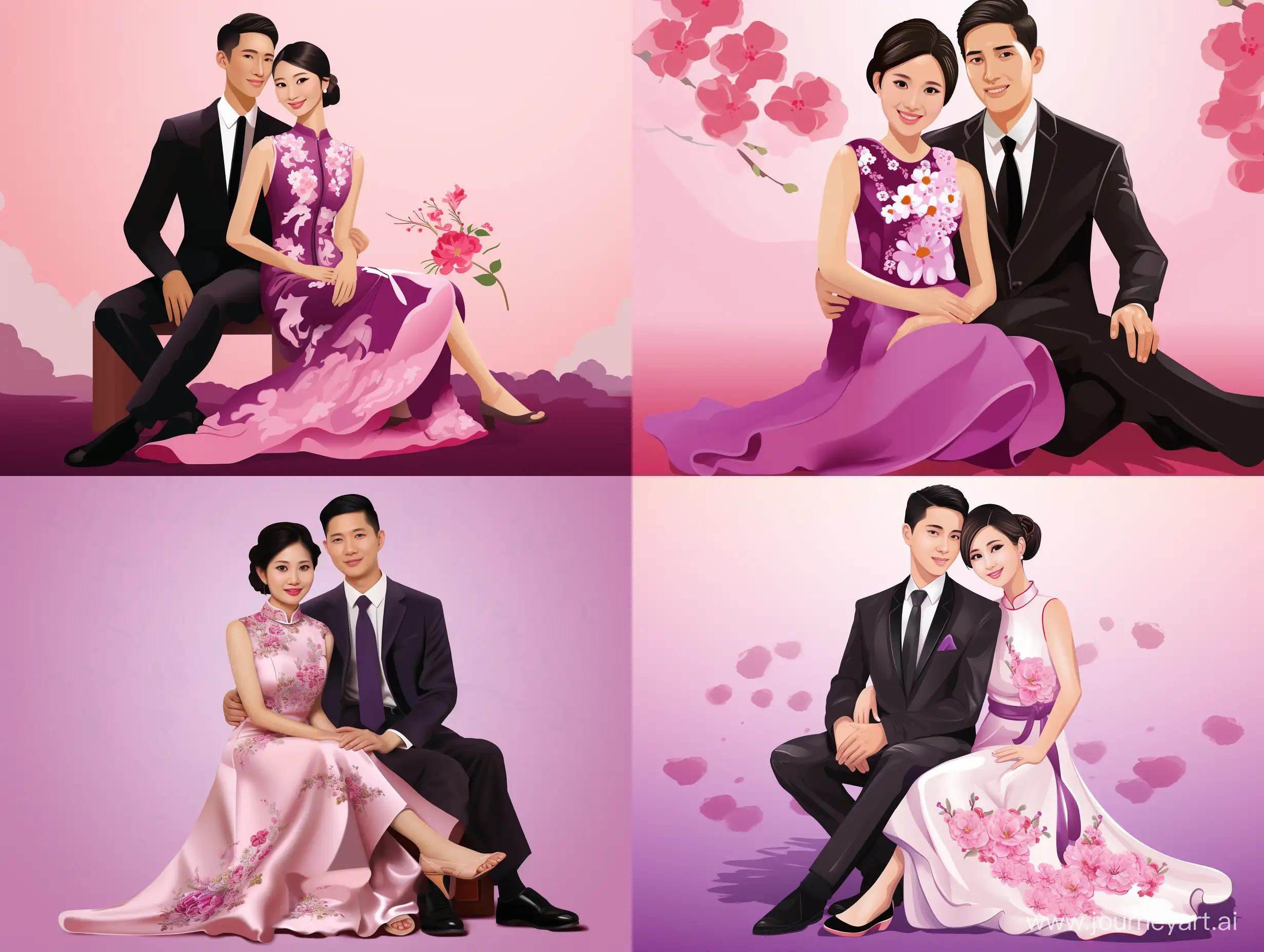 Joyful-Asian-Wedding-Couple-Portrait-in-Cartoon-Style