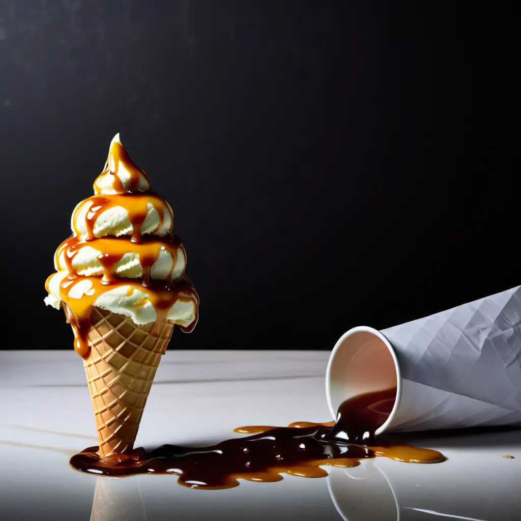 an ice cream cone laying on the left side of a table with caramel syrup dripped over top, the right side of the table is empty