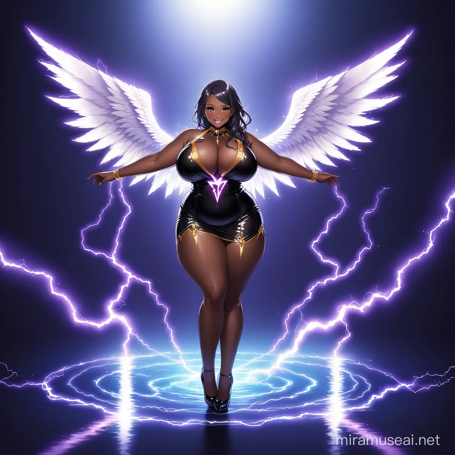 Realist stunning beautiful inticate super idol girl, lightning element, beauty elegant suit dress, background lightning lake, detailed studio photoshoot, studio lighting, focused fullbody dress, bright black skin, angel beauty face, huge busty oversize chubby boobs, charming, seductive smile, looking into viewer, standing in mid air