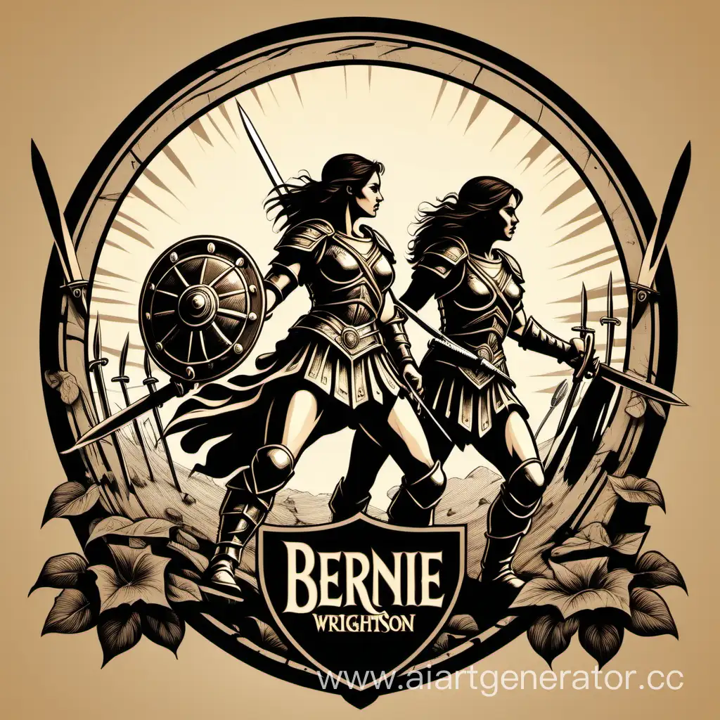 film production logo, camera, films silhouette, 2 women warrior, women gladiators, with shields and swords, battle, historic, vector art, illustration, illustrator, digital, paintings, line work of Bernie Wrightson, natural light, pen and ink, ultra detailed.