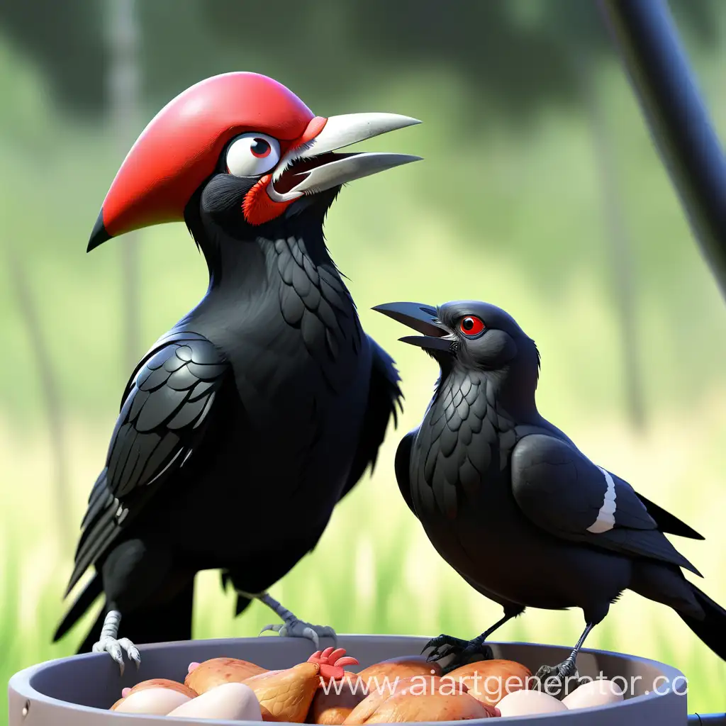 Bird-Friendship-Woodpecker-and-Crow-Bonding-in-Chicken-Company