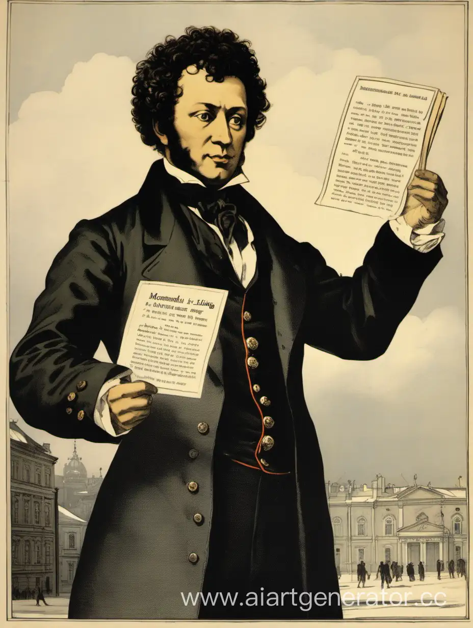 Pushkin-Holding-Leaflet-Motherland-is-Calling-with-Outstretched-Left-Hand