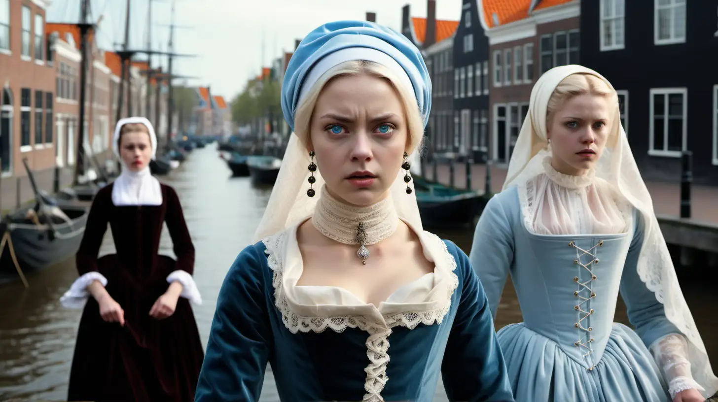Historical Dutch Waterfront Wealthy Woman in 1600s Attire with Angry Expression