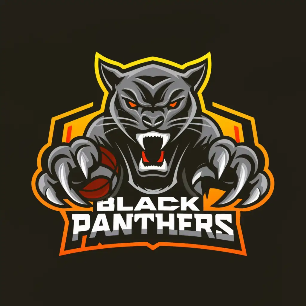 a logo design,with the text "Black Panthers", main symbol:A scary black panther with a basketball in her mouth,complex,be used in Sports Fitness industry,clear background