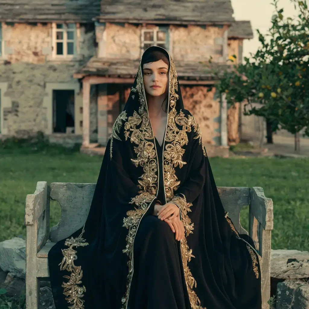 Elegant Woman in GoldThreaded Black Abaya on Historic Porch with Olive Tree