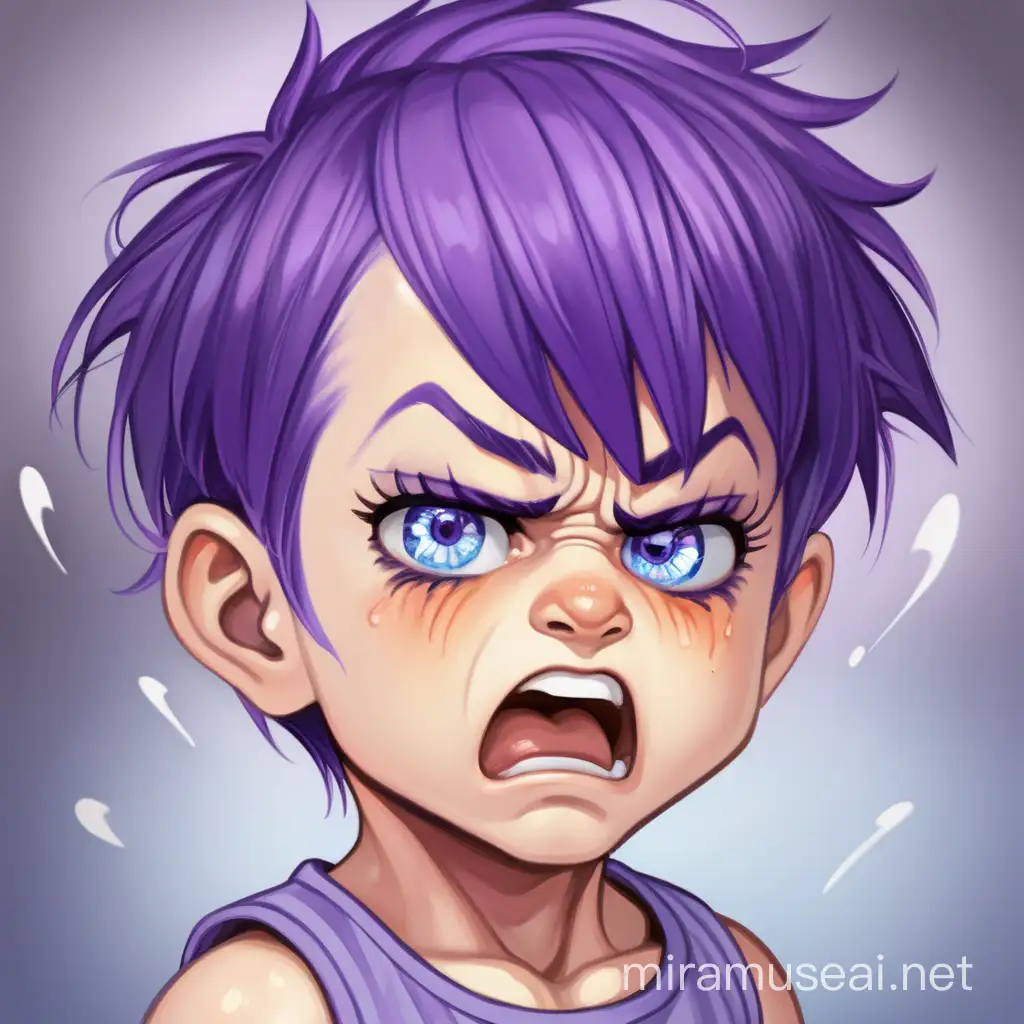 Blue-eyed,  purple-haired, pixie toddler, having an angry tantrum
