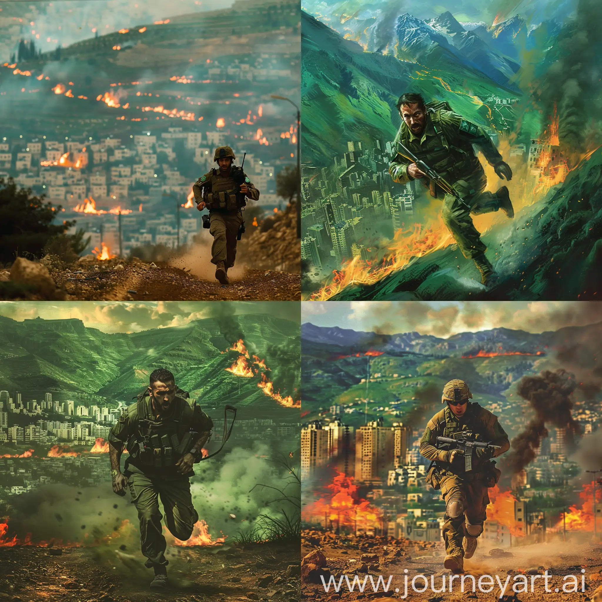 An Israeli soldier flees and behind him is a city with burning green mountains