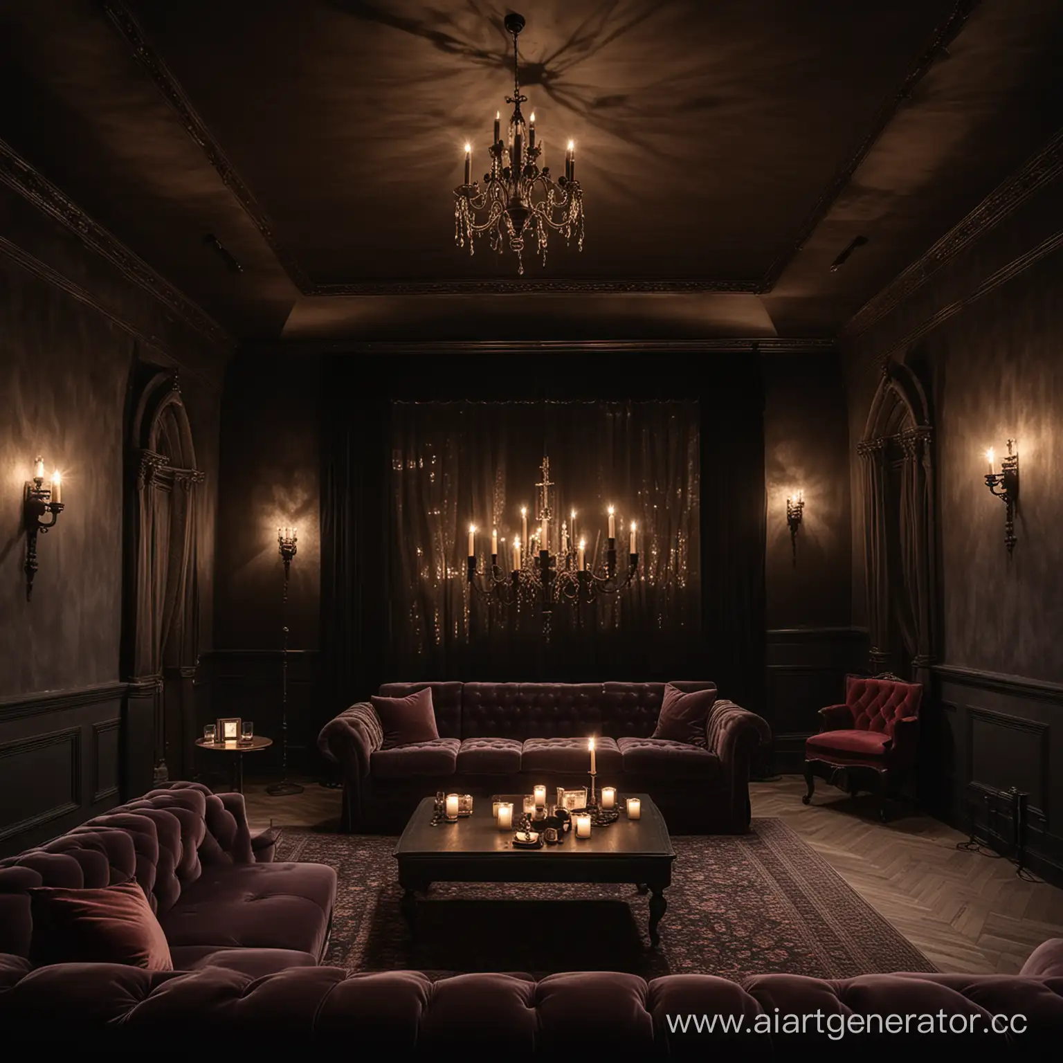 Intimate-Gothic-Cinema-with-Velvet-Sofas-and-Candle-Lamps