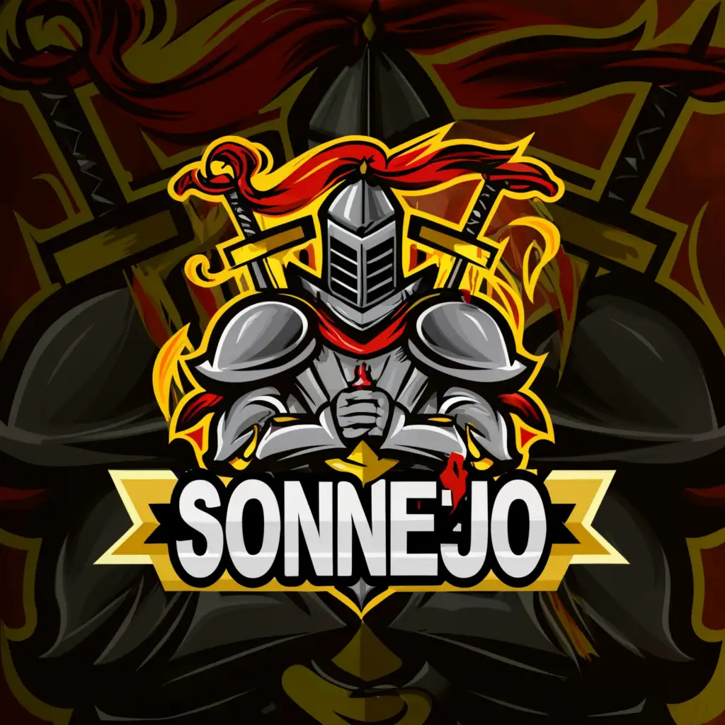 a logo design,with the text 'SonnieJo', main symbol:Knight with Two-Swords and a banner, Knight with Two-Swords, Black, Red, Gold Strong, Eye-Catching, Bold, Stand-out ,complex,be used in Entertainment industry,clear background