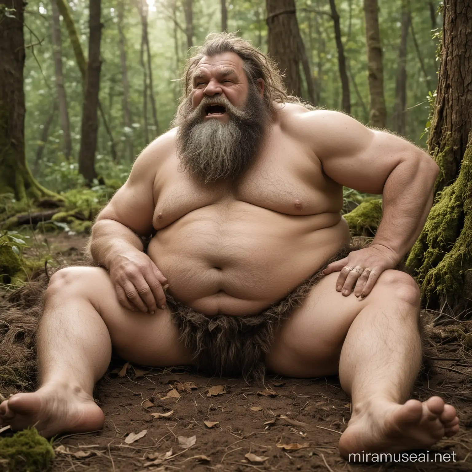 ogre,troll,orc,sasquatch,chubby,shorty,hairy,long beard,Mess hair,old age,chubby,dumpy,primitive,naked,deep forest,belly to the sky,lying down on the ground,fur loincloth,