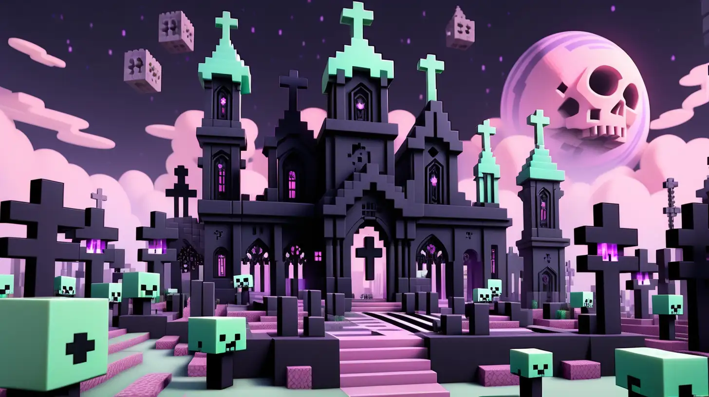 Ethereal Pastel Goth Minecraft City in the Sky with Cemeteries and Stars