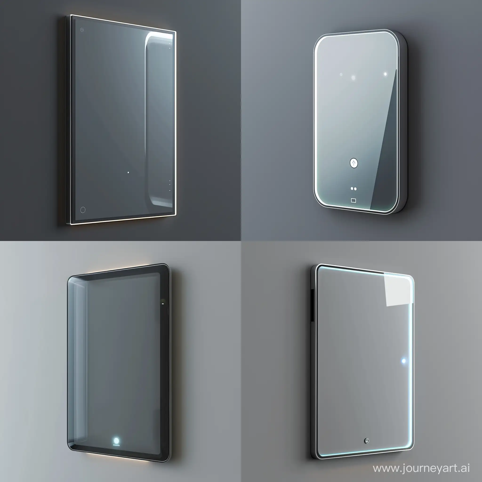"Envision a sleek, rectangular, wall-mounted smart home interface with a smooth, touch-sensitive, glass-like surface and a minimalist aluminum frame. The design is modern, with rounded corners and a slim profile, measuring 25 cm by 15 cm and just 1 cm thick. It features ambient backlighting that adjusts to environmental light, ensuring visibility without glare. Incorporate a discreet logo in the bottom corner, showcasing a fusion of elegance and advanced technology."photorealistic product design style