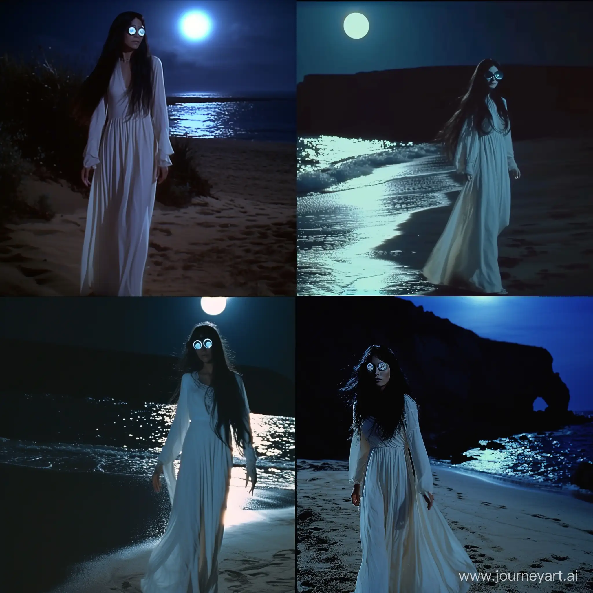 a woman with long black hair completely white glass eyes wearing a long white dress walking at night on a beach with the moonlight illuminating it, screenshot from excalibur 1981