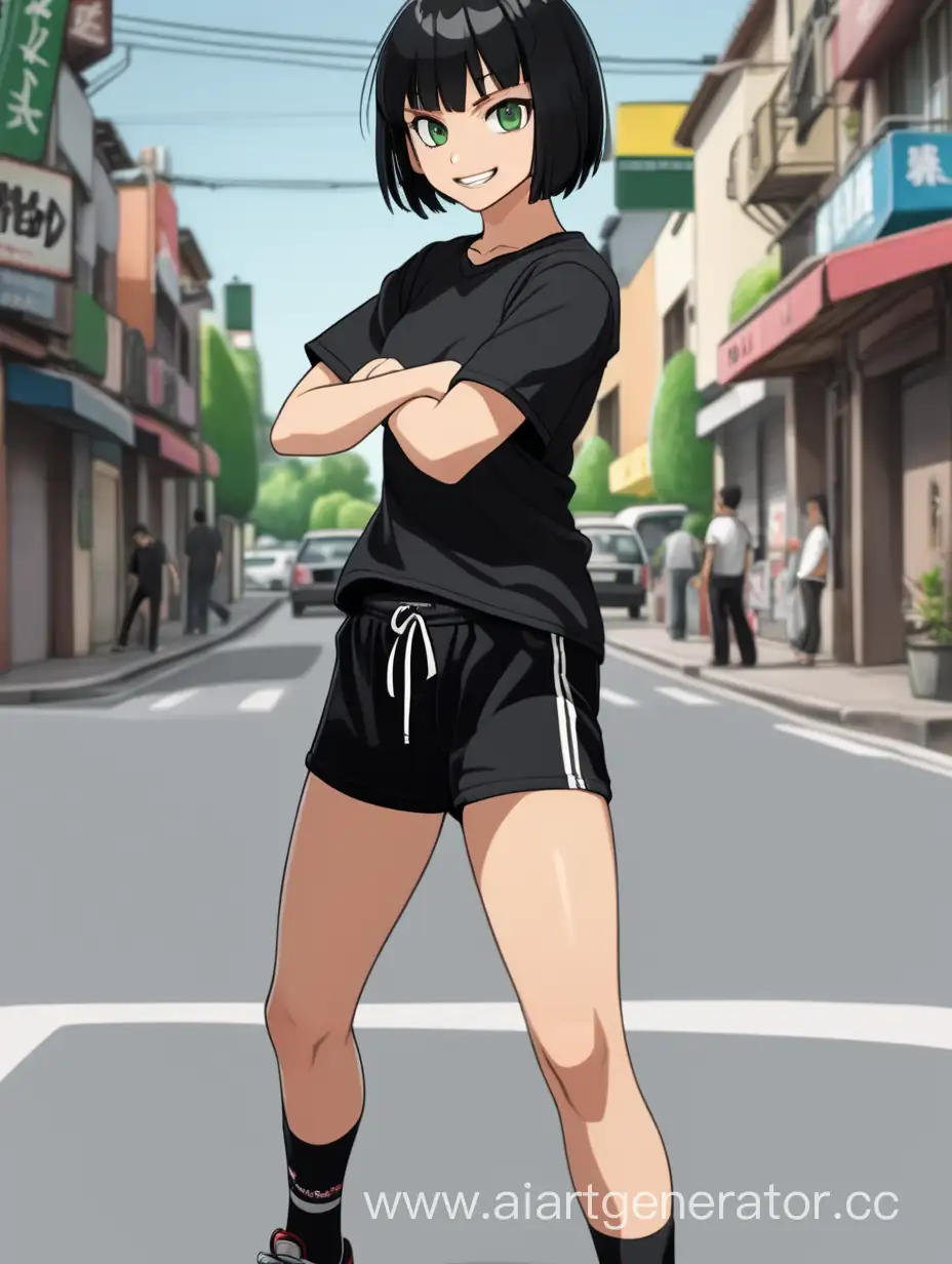 anime girl, black bobcut hair, dark green eyes, in the street, preparing to fight with kickboxing style, aggressive smile, black T-shirts, black shorts