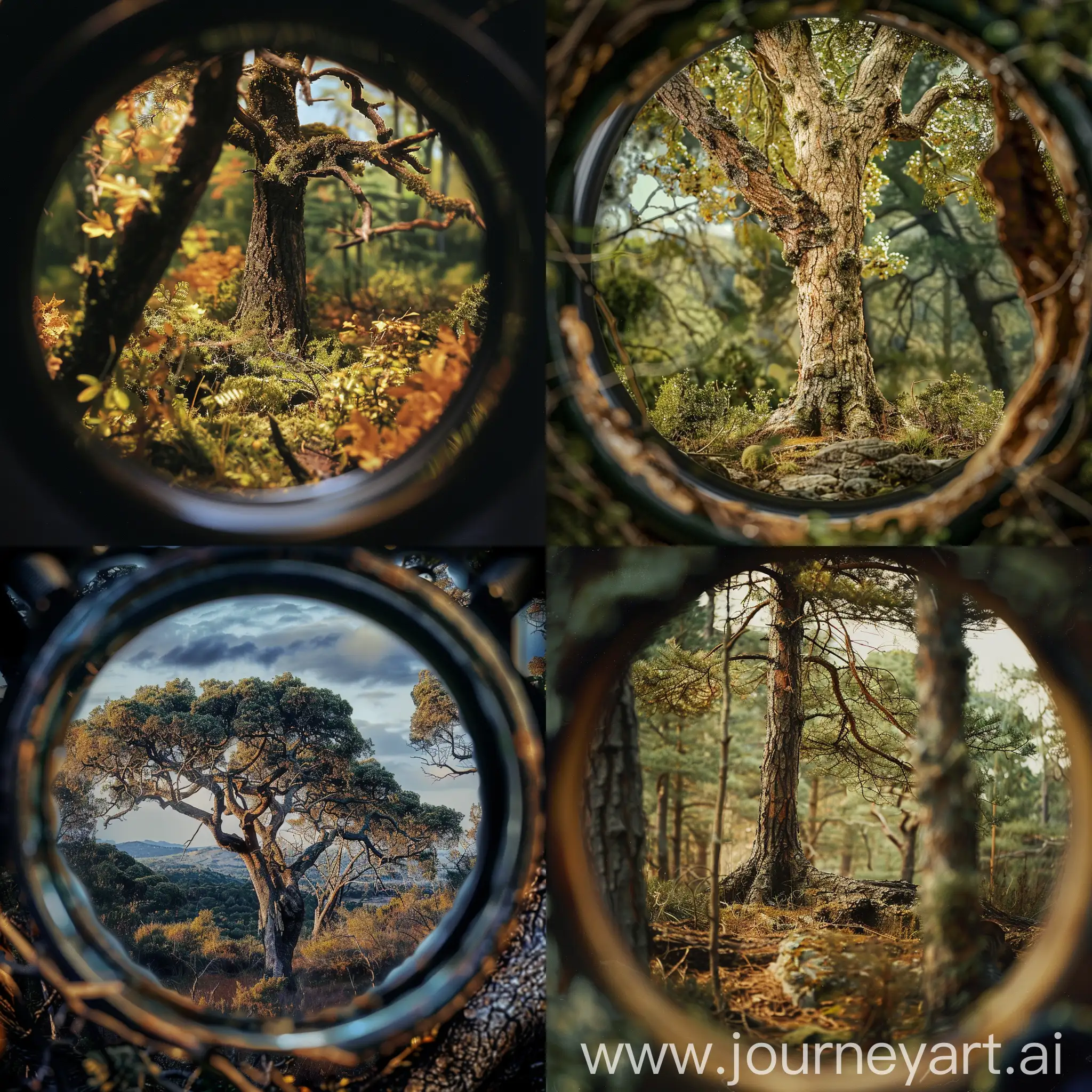 details of a tree photorealstic forrest landscape seen through binoculars