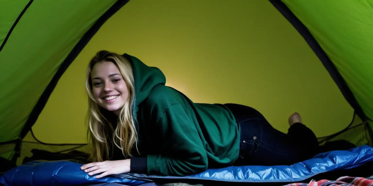 Smiling Dark Blond Woman in Green Hooded Sweater Inside Large Tent at Night